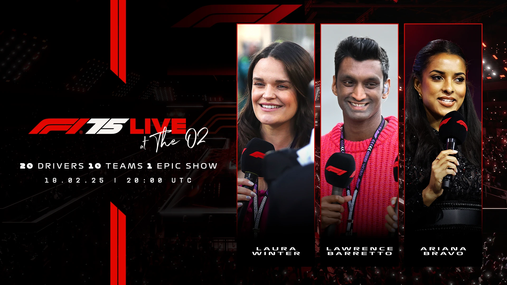 F1 TV's Laura Winter, Ariana Bravo and Lawrence Barretto will join F1 75 Live host Jack Whitehall throughout the night