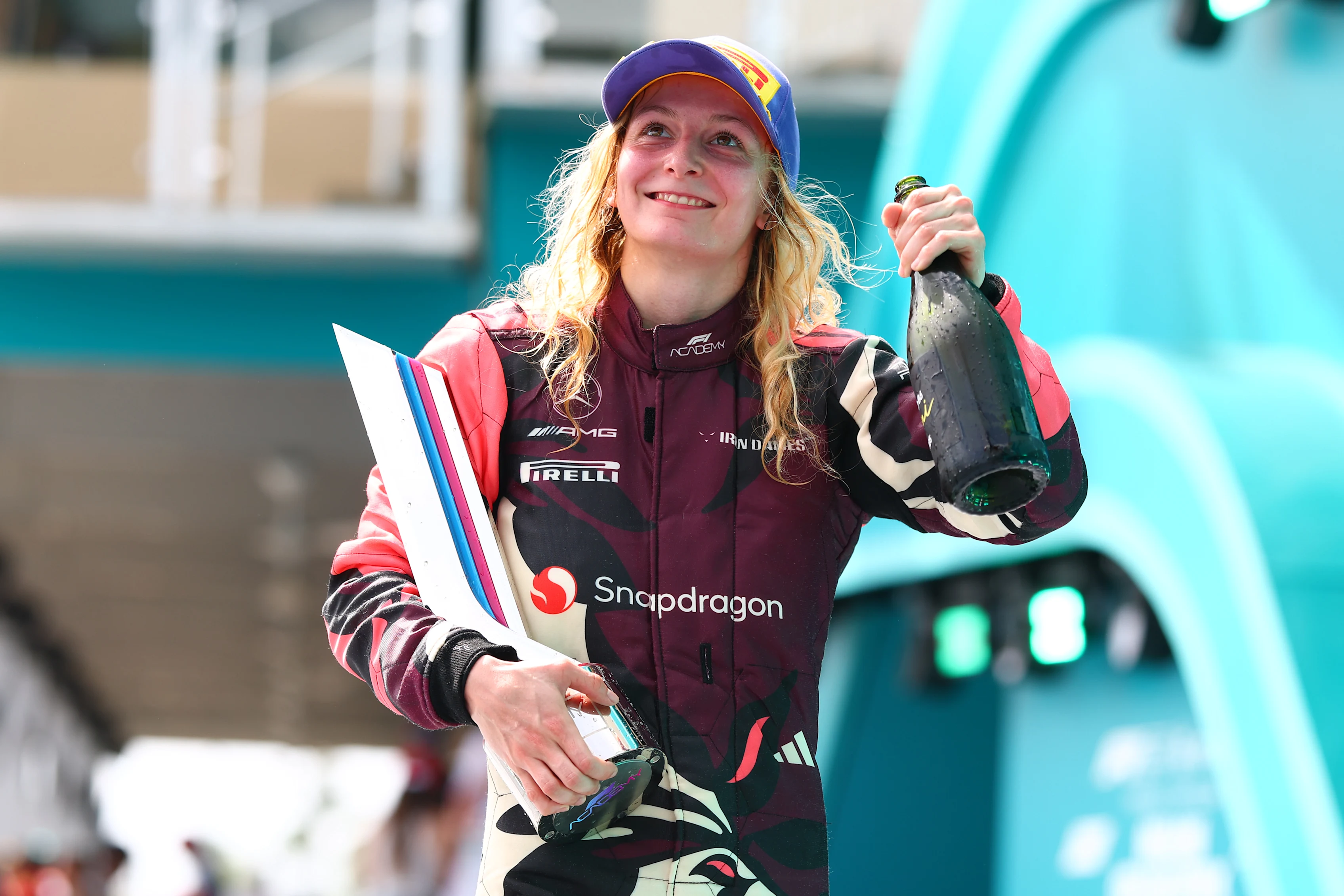 MIAMI, FLORIDA - MAY 03: Race winner Doriane Pin of France and PREMA Racing (28) with her trophy