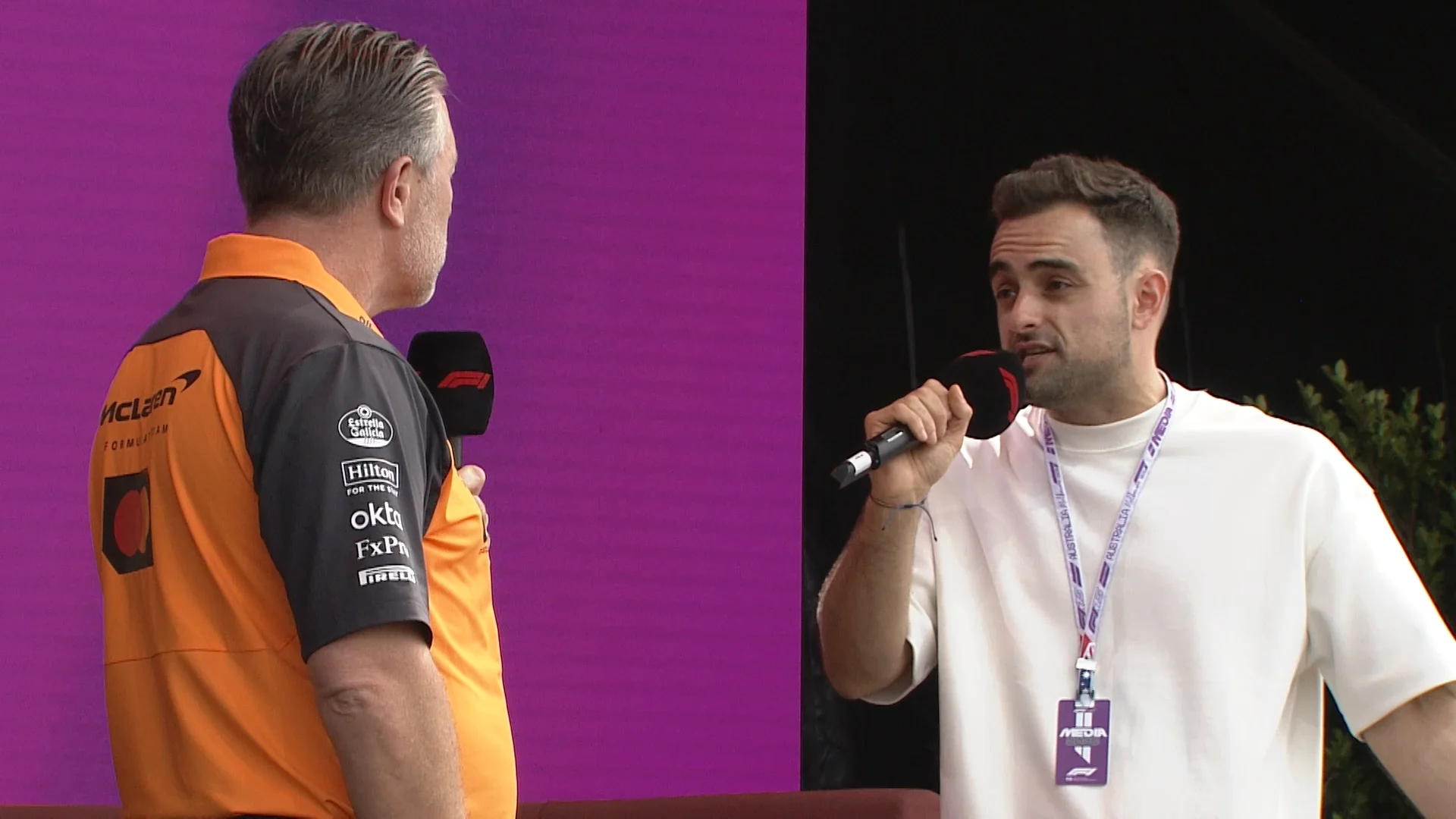 F1 Explains presenter Christian Hewgill asks Zak Brown about the F1 boss group chat