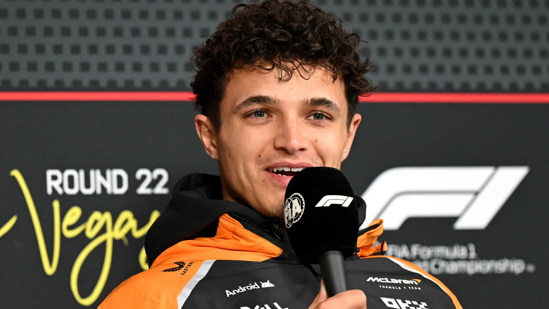 LAS VEGAS, NEVADA - NOVEMBER 19: Lando Norris of Great Britain and McLaren speaks in the Drivers