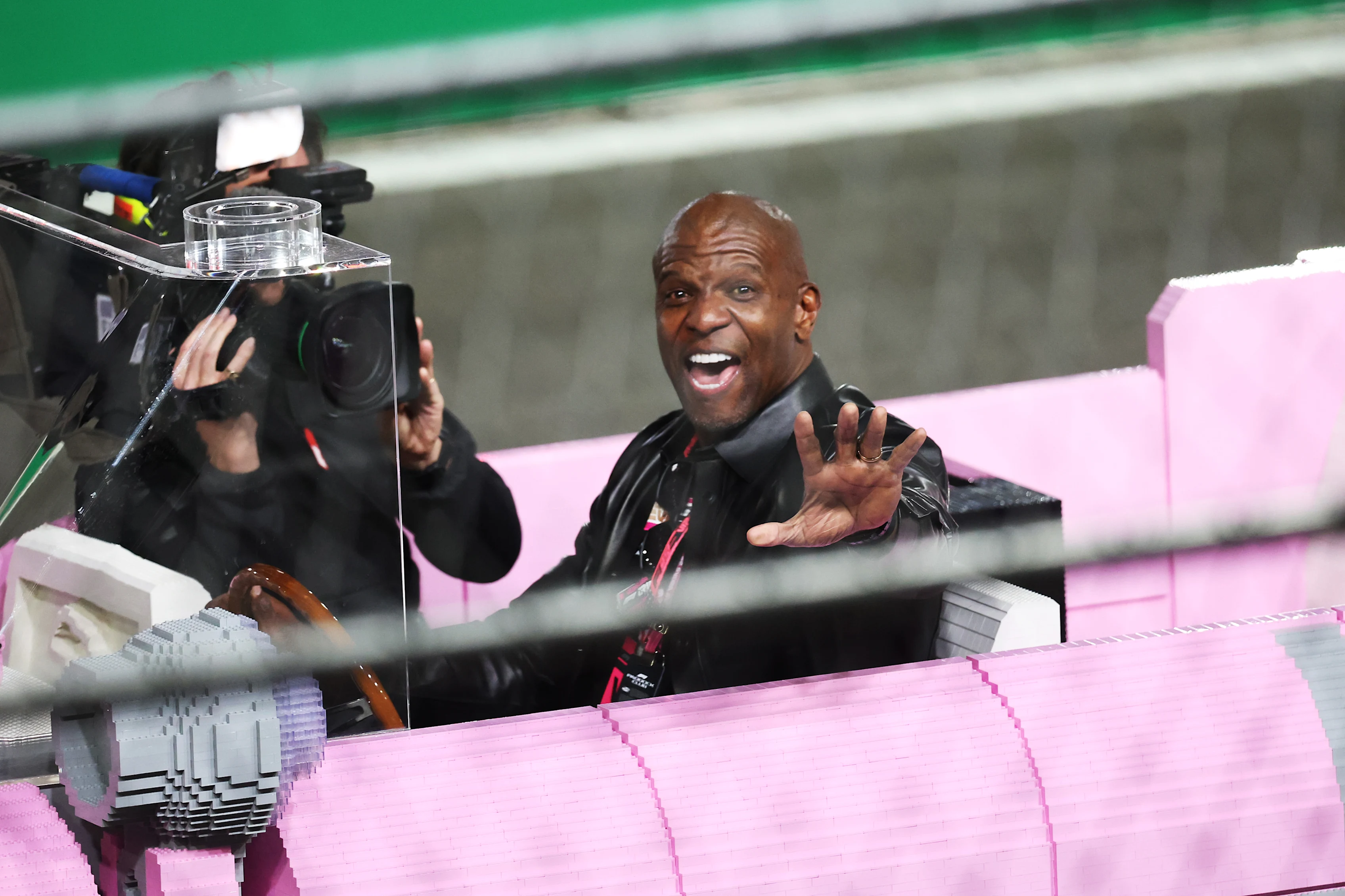 Terry Crews acted as chauffer in a Lego pink Cadillac for the podium-finishing drivers