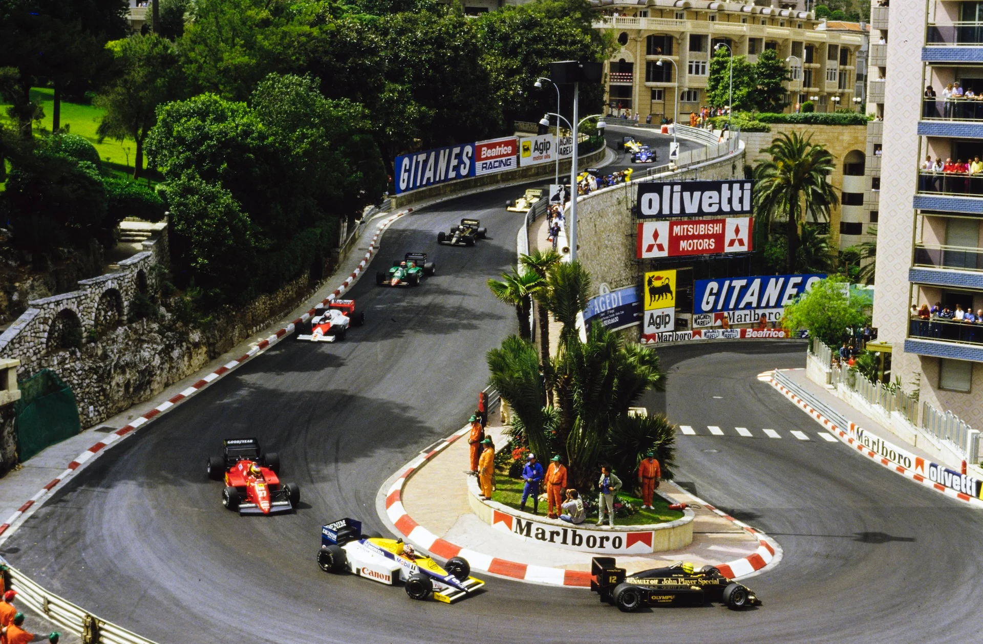 MONTE CARLO, MONACO - MAY 19: Ayrton Senna, Lotus 97T Renault, leads Nigel Mansell, Williams FW10