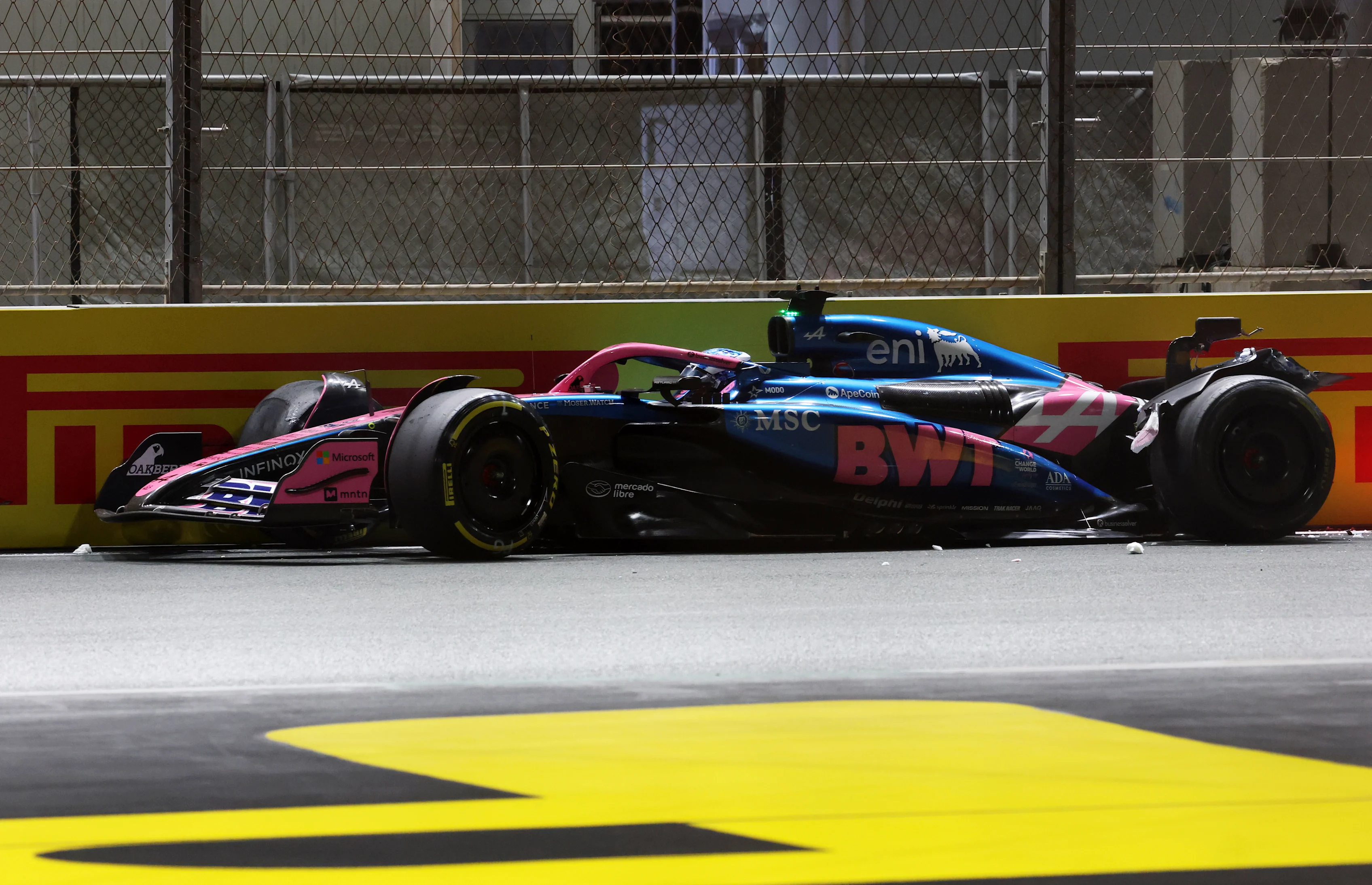 JEDDAH, SAUDI ARABIA - APRIL 20: Pierre Gasly of France driving the (10) Alpine F1 A525 Renault crashes during the F1 Grand Prix of Saudi Arabia at Jeddah Corniche Circuit on April 20, 2025 in Jeddah, Saudi Arabia. (Photo by Steven Tee/LAT Images)