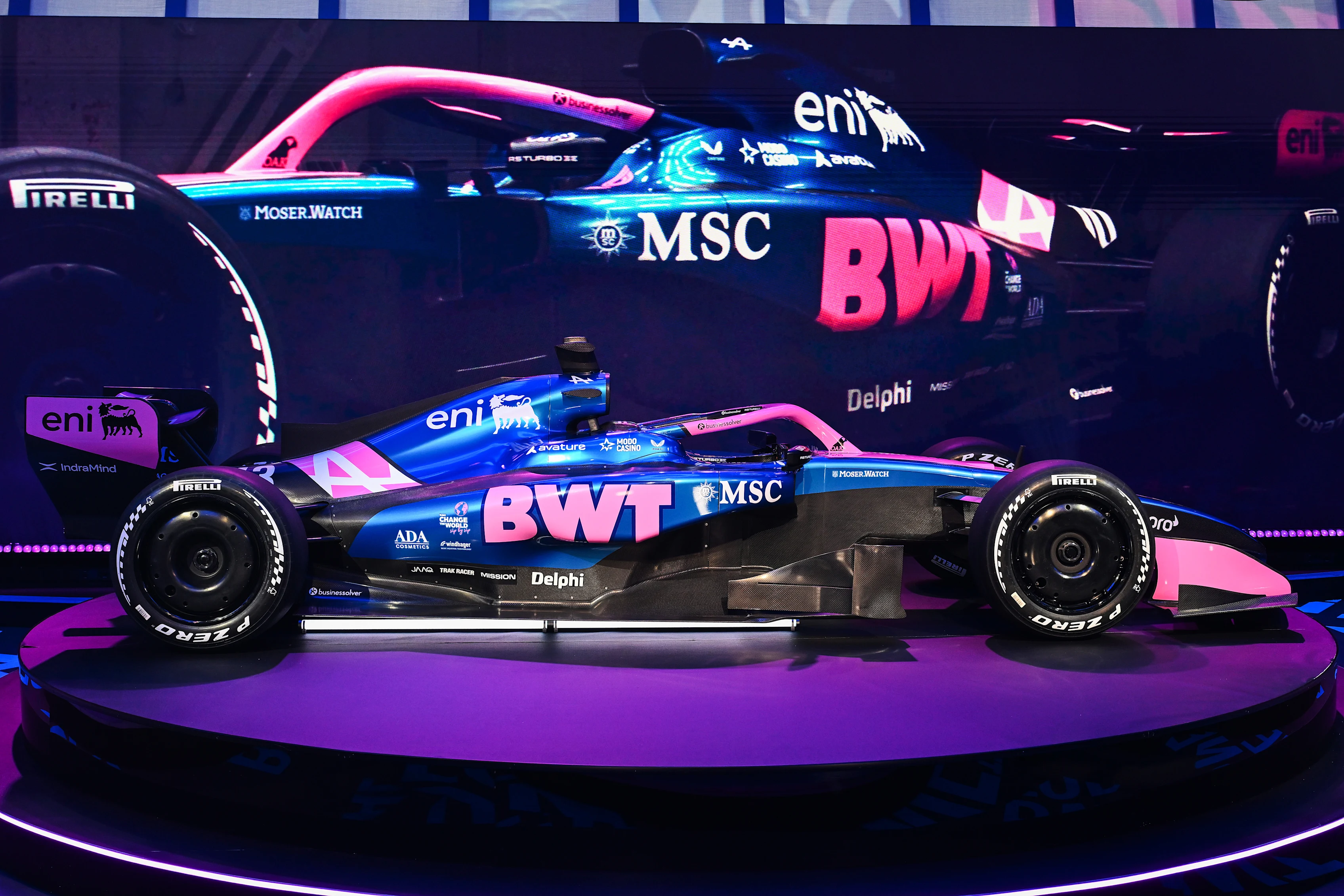 BARCELONA, SPAIN - JANUARY 23: The car on display in the Panorama Lounge during the BWT Alpine F1