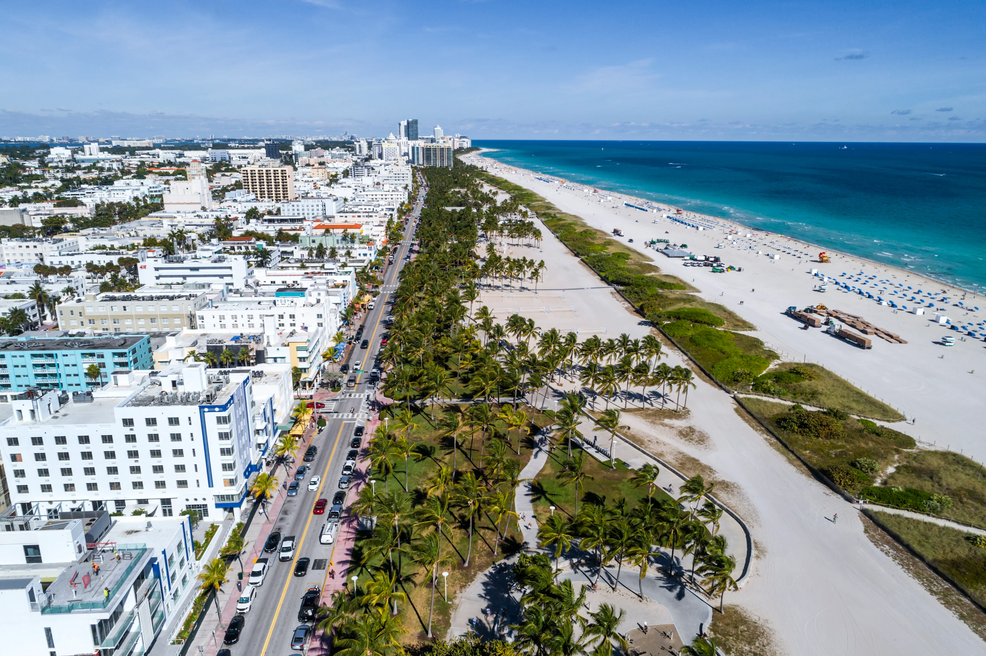 Florida, Miami Beach, aerial of Art Deco District hotels on Ocean Drive and Lummus Park. (Photo by: