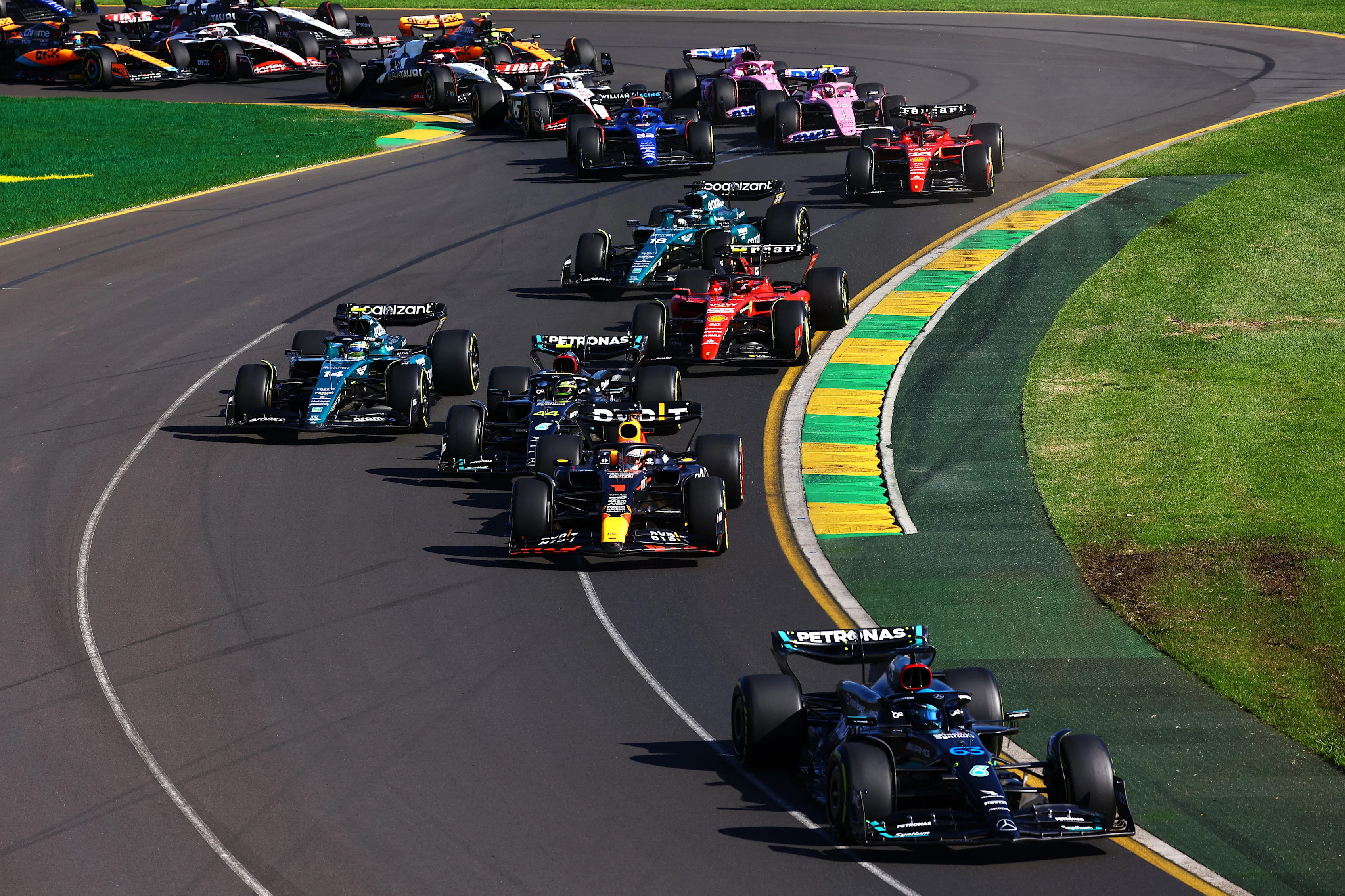 MELBOURNE, AUSTRALIA - APRIL 02: George Russell of Great Britain driving the (63) Mercedes AMG