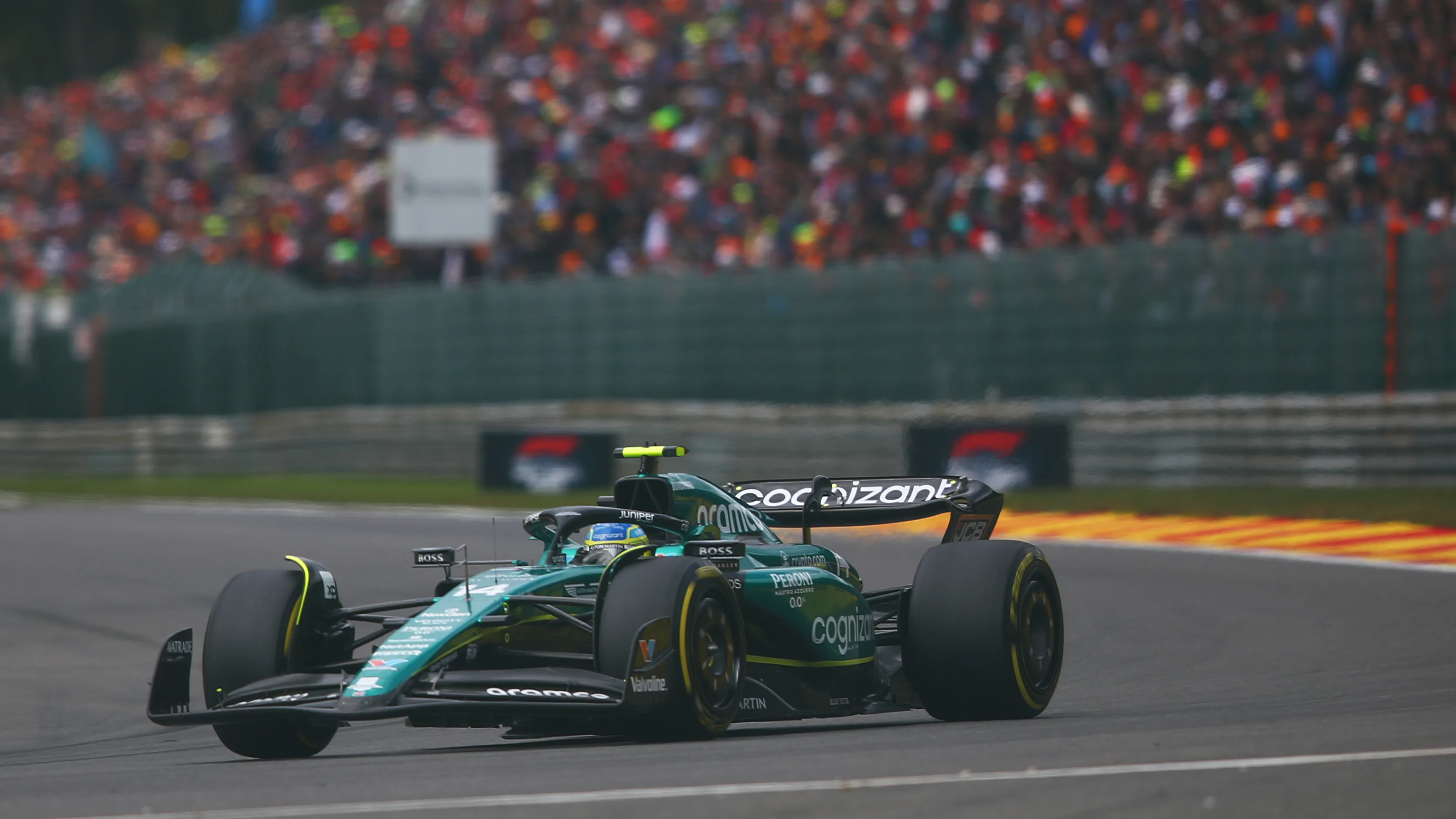SPA, BELGIUM - JULY 30: Fernando Alonso of Spain driving the (14) Aston Martin AMR23 Mercedes on