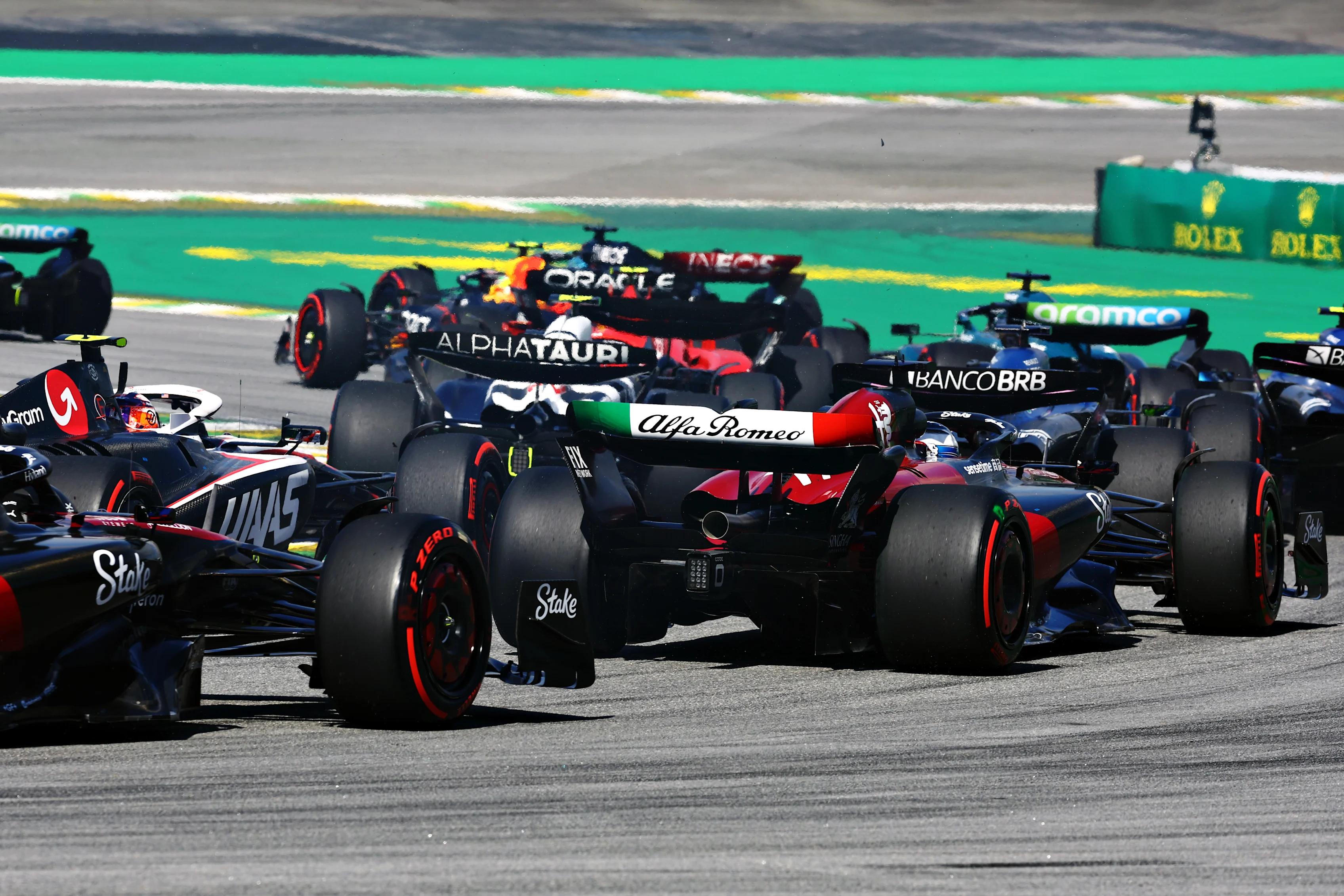 SAO PAULO, BRAZIL - NOVEMBER 05: Valtteri Bottas of Finland driving the (77) Alfa Romeo F1 C43 Ferrari rounds turn 1 during the F1 Grand Prix of Brazil at Autodromo Jose Carlos Pace on November 05, 2023 in Sao Paulo, Brazil. (Photo by Mark Thompson/Getty Images)