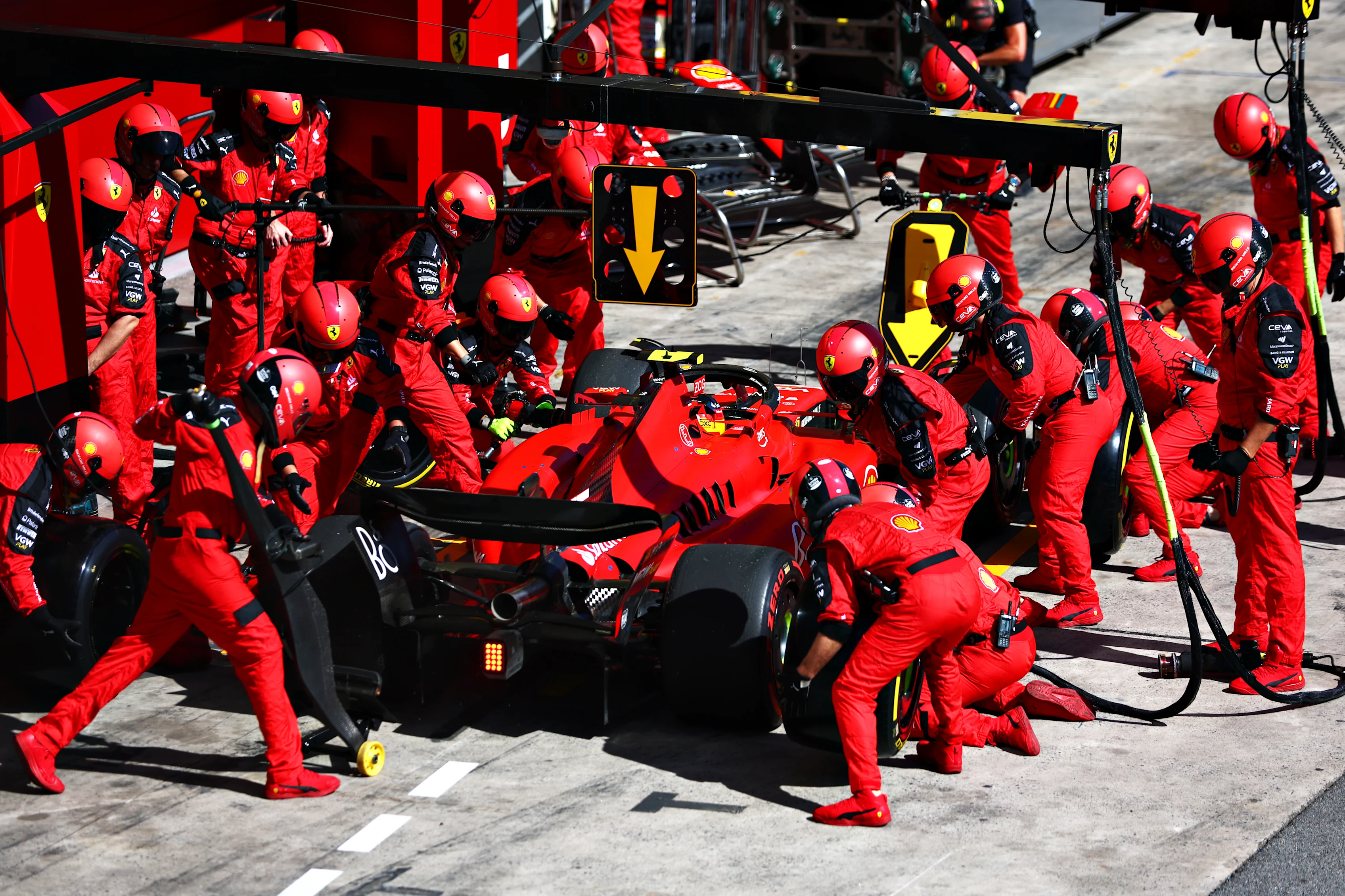 SAO PAULO, BRAZIL - NOVEMBER 05: Carlos Sainz of Spain driving (55) the Ferrari SF-23 makes a pitstop during the F1 Grand Prix of Brazil at Autodromo Jose Carlos Pace on November 05, 2023 in Sao Paulo, Brazil. (Photo by Dan Istitene - Formula 1/Formula 1 via Getty Images)