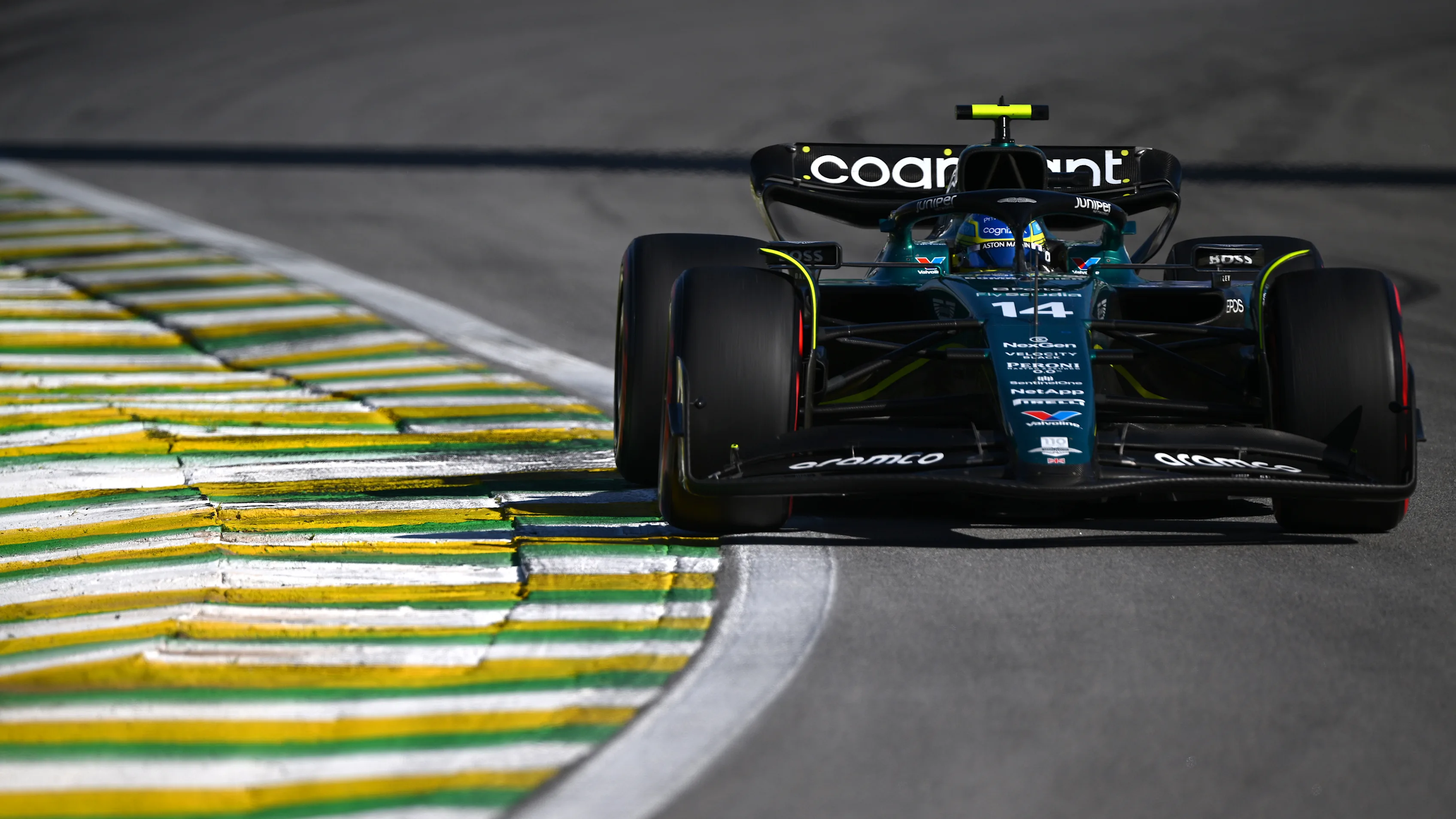 SAO PAULO, BRAZIL - NOVEMBER 05: Fernando Alonso of Spain driving the (14) Aston Martin AMR23