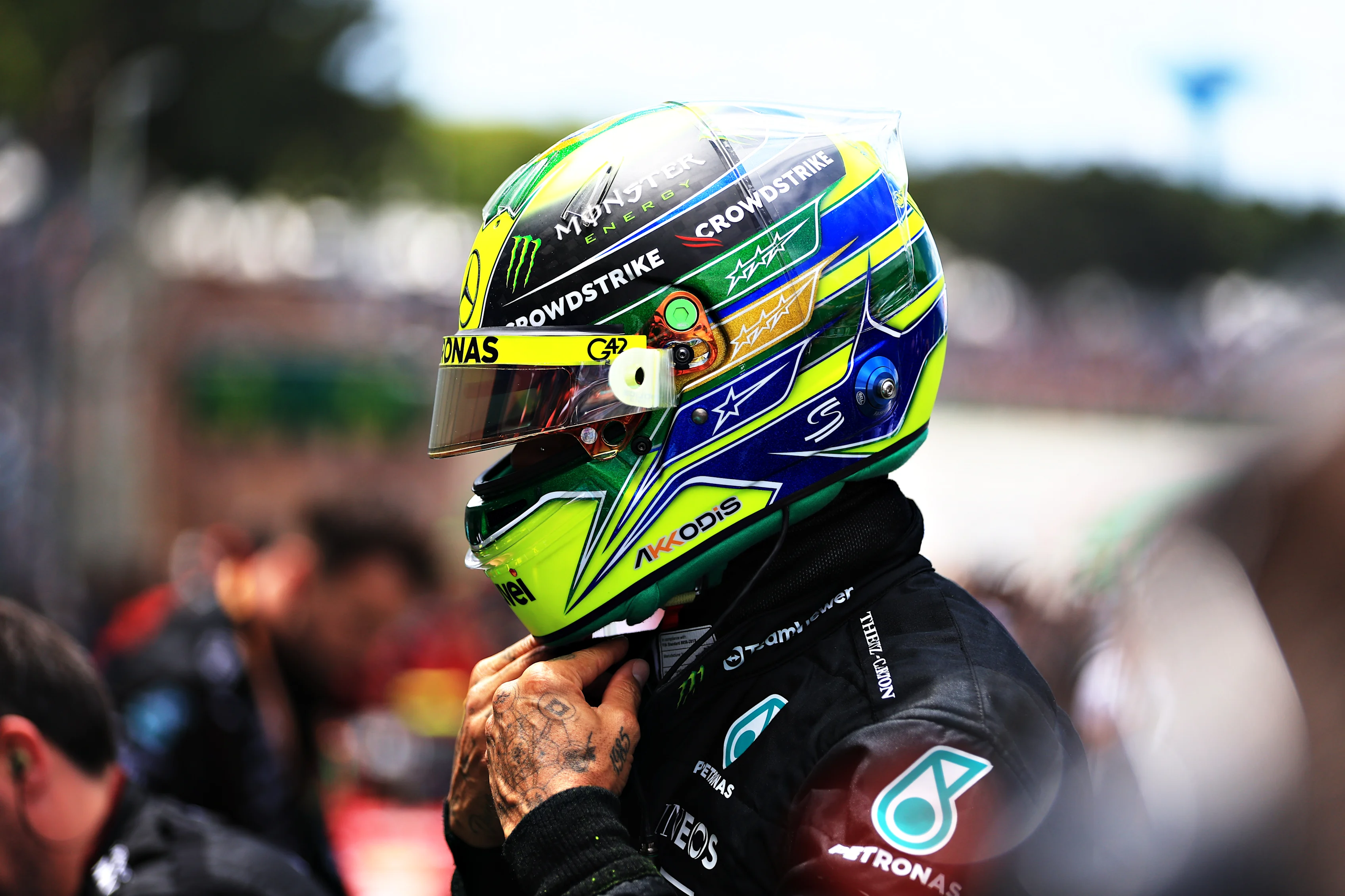 SAO PAULO, BRAZIL - NOVEMBER 05: Lewis Hamilton of Great Britain and Mercedes prepares to drive on