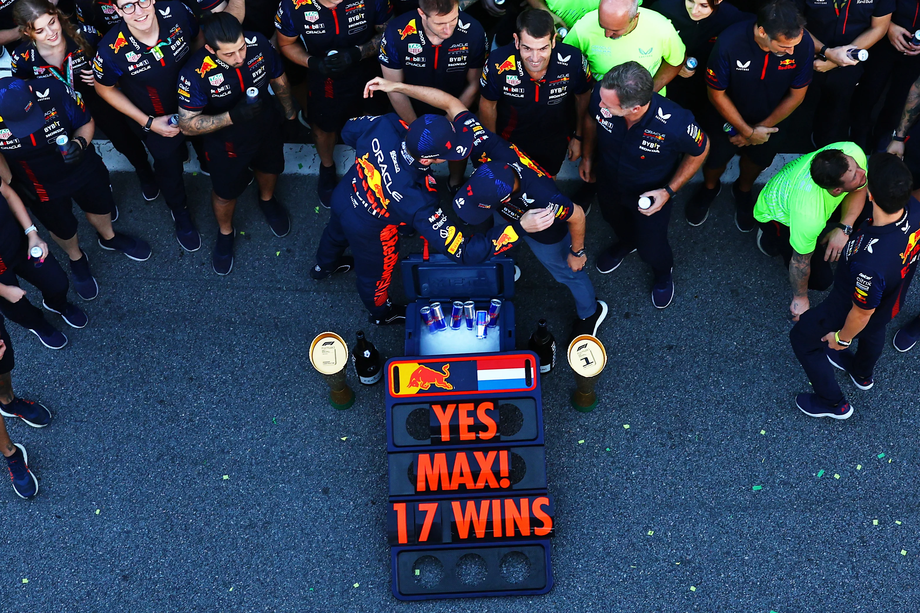 SAO PAULO, BRAZIL - NOVEMBER 05: Race winner Max Verstappen of the Netherlands and Oracle Red Bull