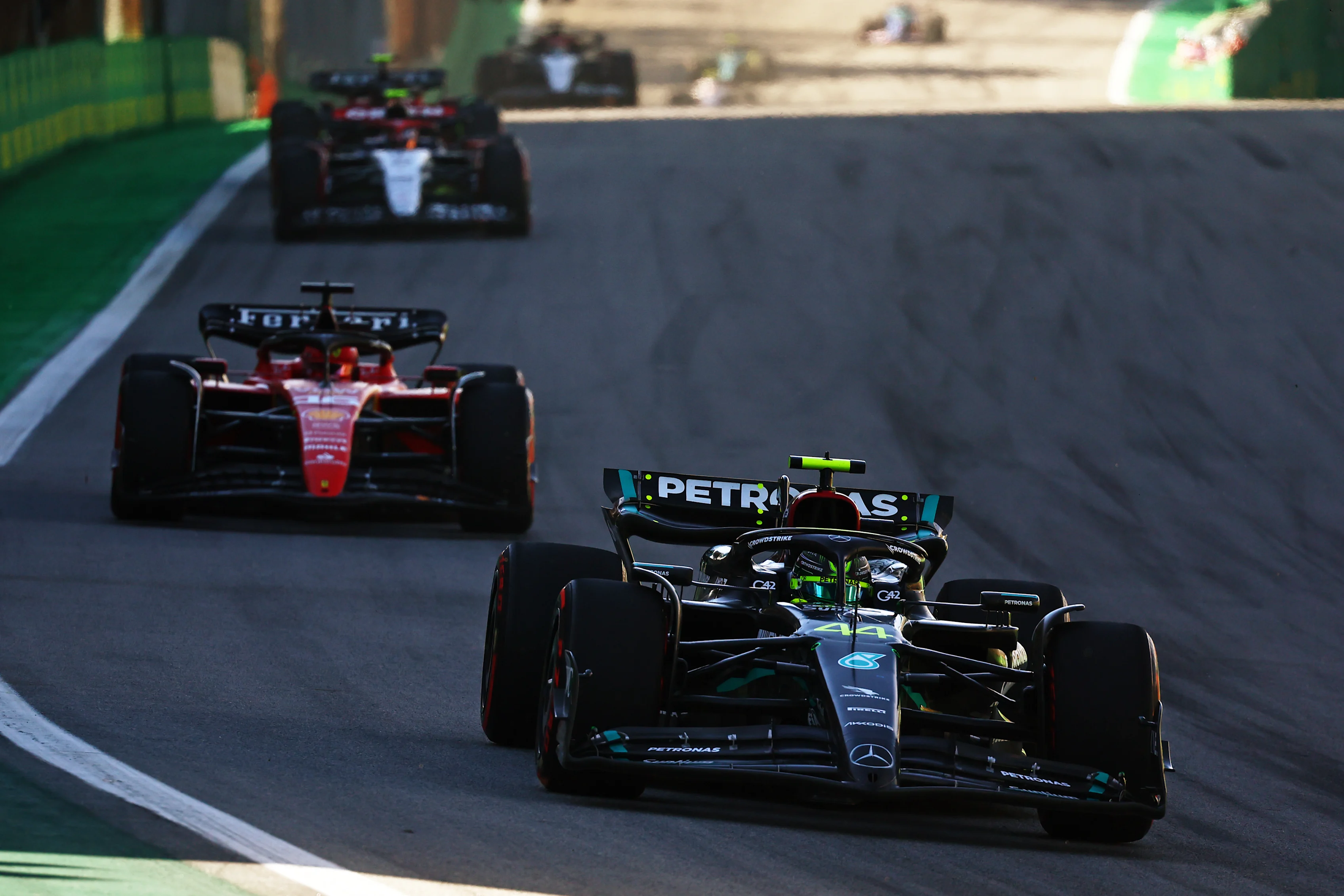 SAO PAULO, BRAZIL - NOVEMBER 04: Lewis Hamilton of Great Britain driving the (44) Mercedes AMG