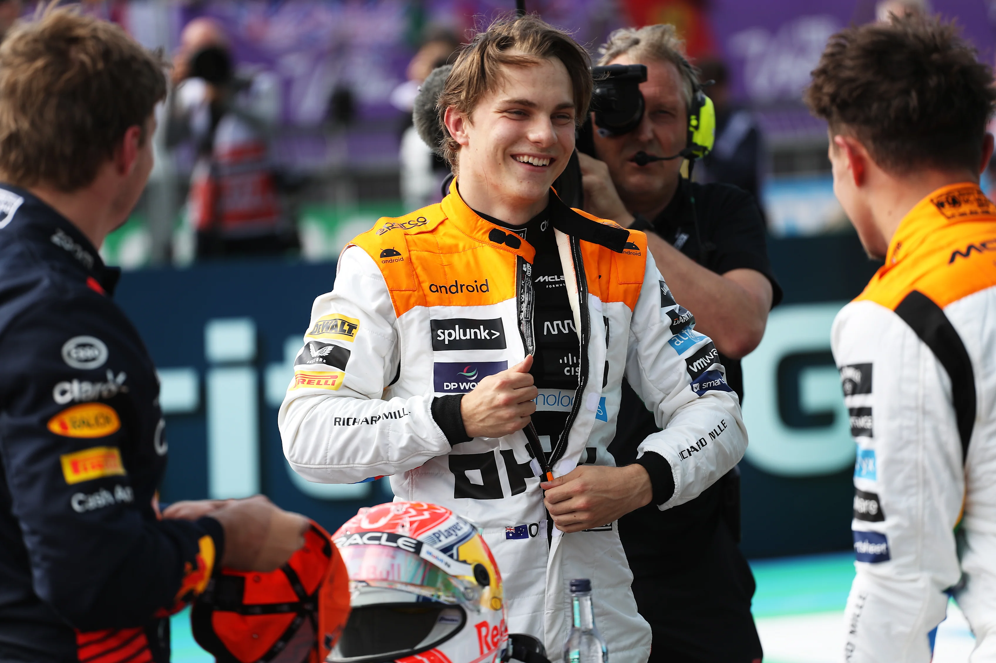 NORTHAMPTON, ENGLAND - JULY 08: Third placed qualifier Oscar Piastri of Australia and McLaren