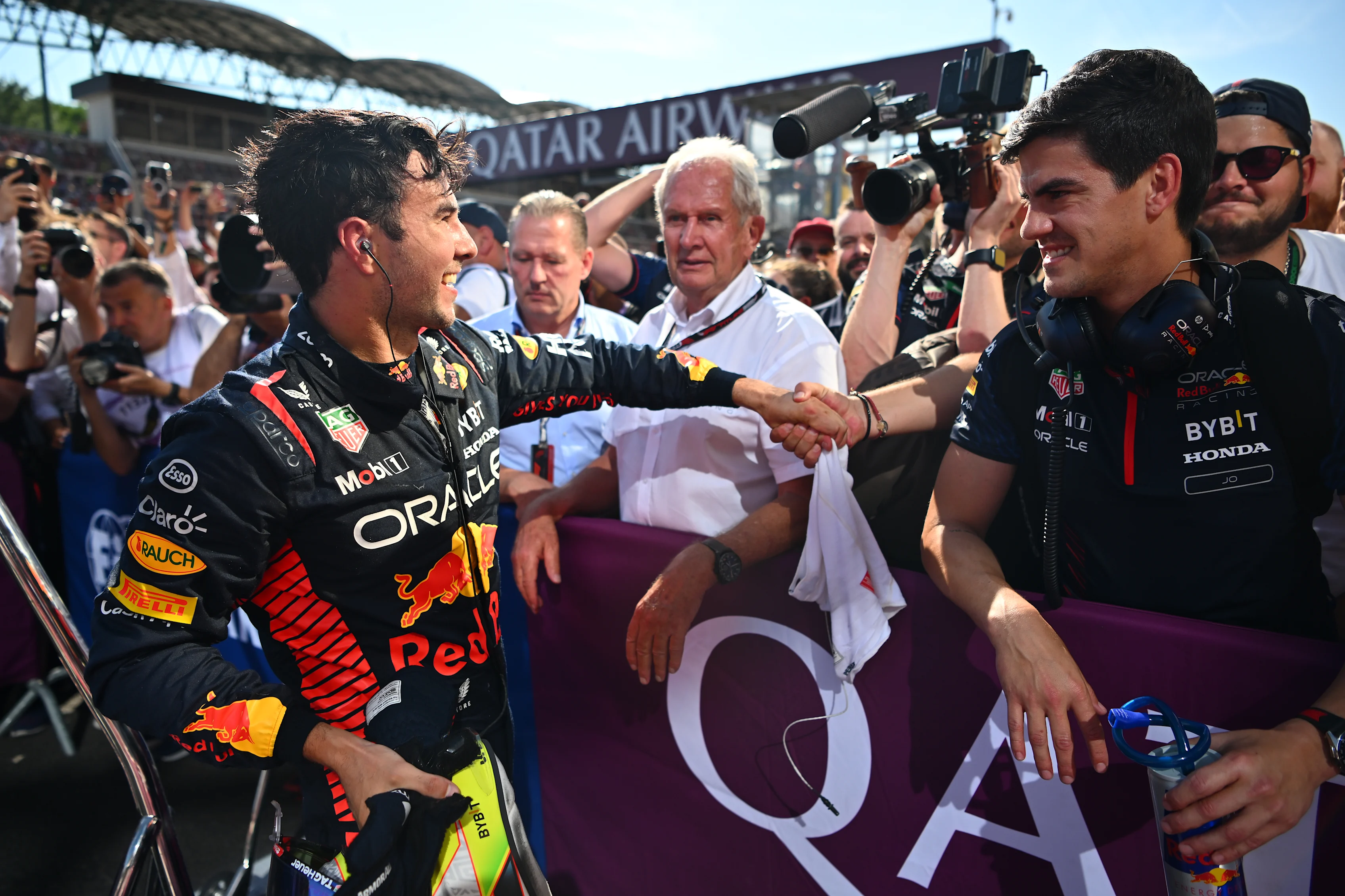 BUDAPEST, HUNGARY - JULY 23: Third placed Sergio Perez of Mexico and Oracle Red Bull Racing