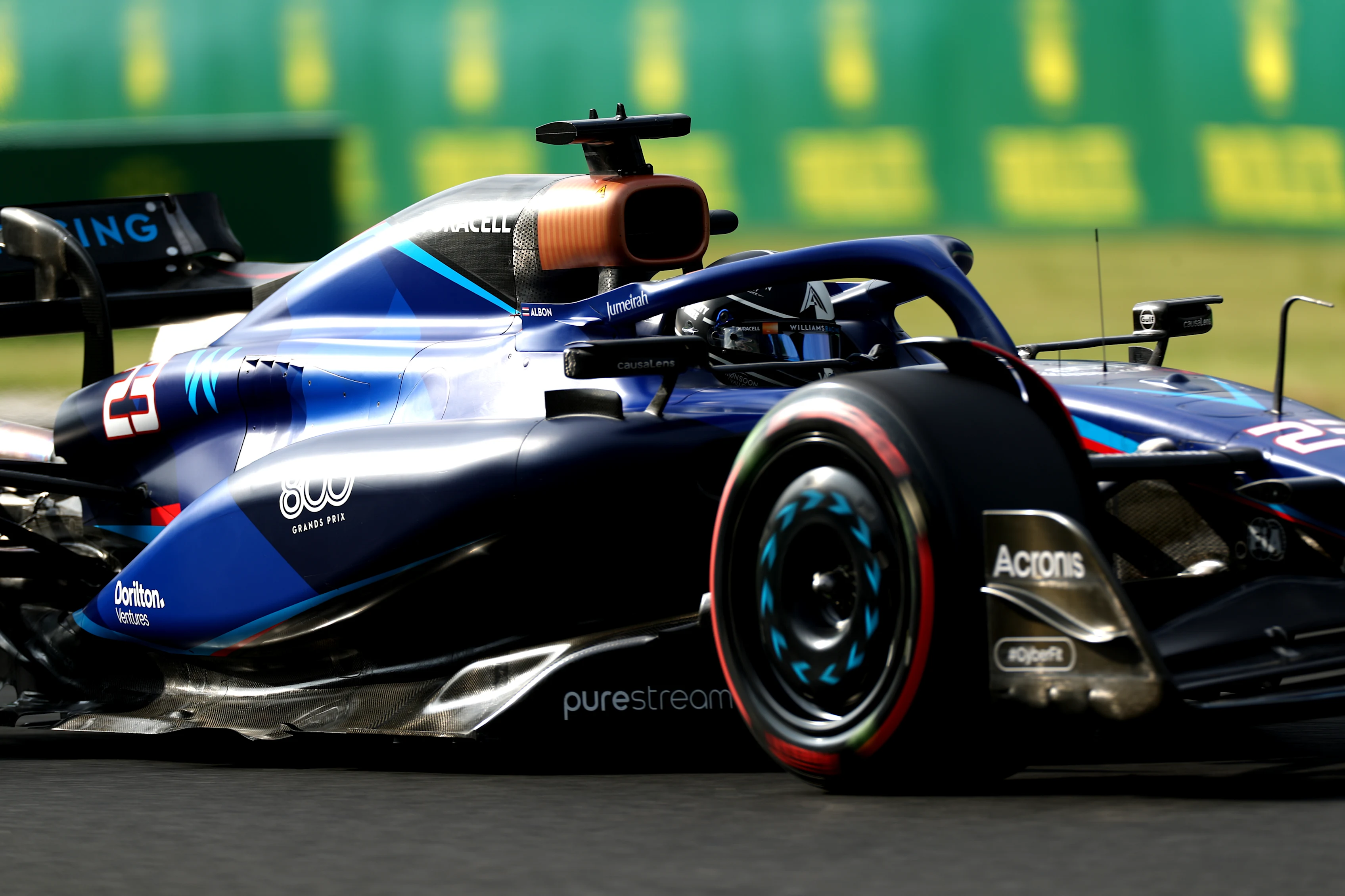 BUDAPEST, HUNGARY - JULY 21: Alexander Albon of Thailand driving the (23) Williams FW45 Mercedes on track during practice ahead of the F1 Grand Prix of Hungary at Hungaroring on July 21, 2023 in Budapest, Hungary. (Photo by Peter Fox/Getty Images)