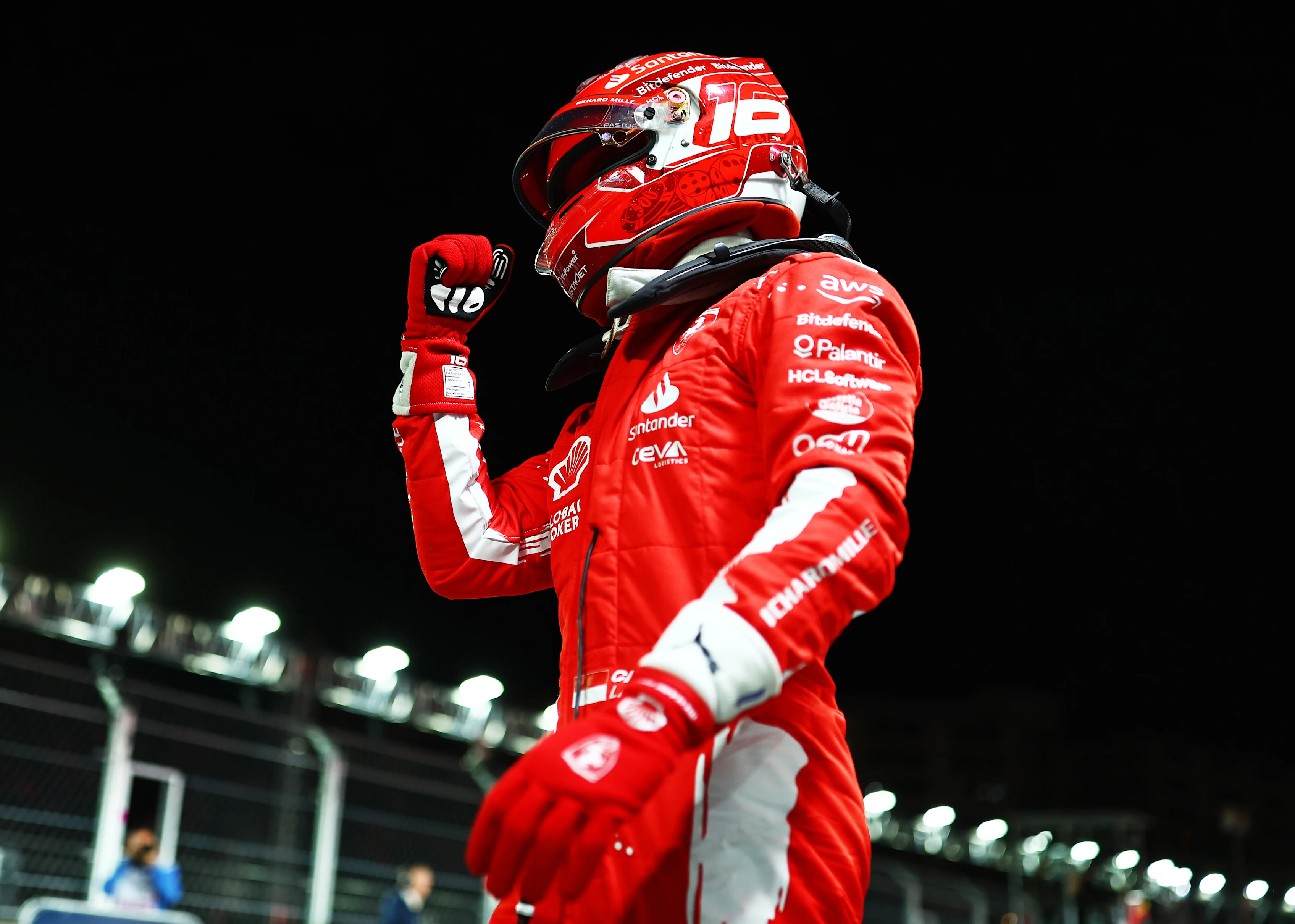 LAS VEGAS, NEVADA - NOVEMBER 18: Pole position qualifier Charles Leclerc of Monaco and Ferrari celebrates in parc ferme during qualifying ahead of the F1 Grand Prix of Las Vegas at Las Vegas Strip Circuit on November 18, 2023 in Las Vegas, Nevada. (Photo by Dan Istitene - Formula 1/Formula 1 via Getty Images)