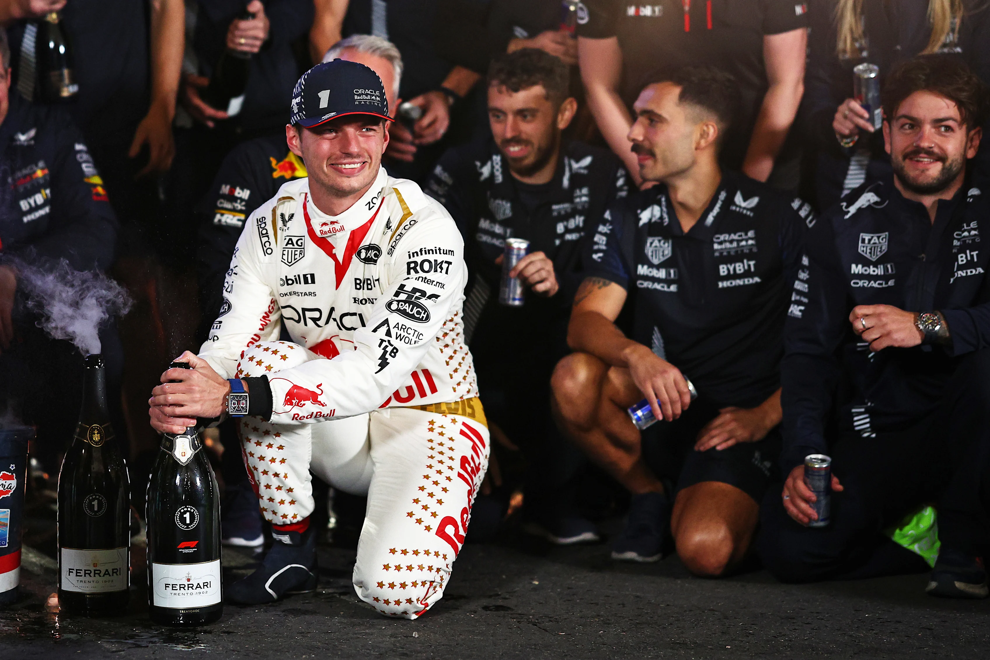LAS VEGAS, NEVADA - NOVEMBER 18: Race winner Max Verstappen of the Netherlands and Oracle Red Bull