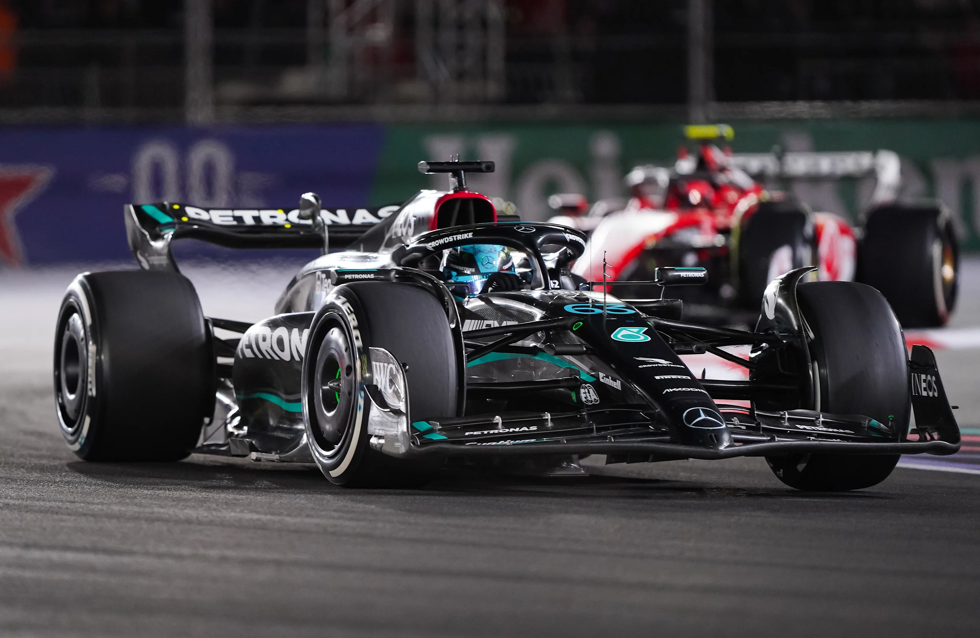 LAS VEGAS, NEVADA - NOVEMBER 18: George Russell of Great Britain and Mercedes drives on track