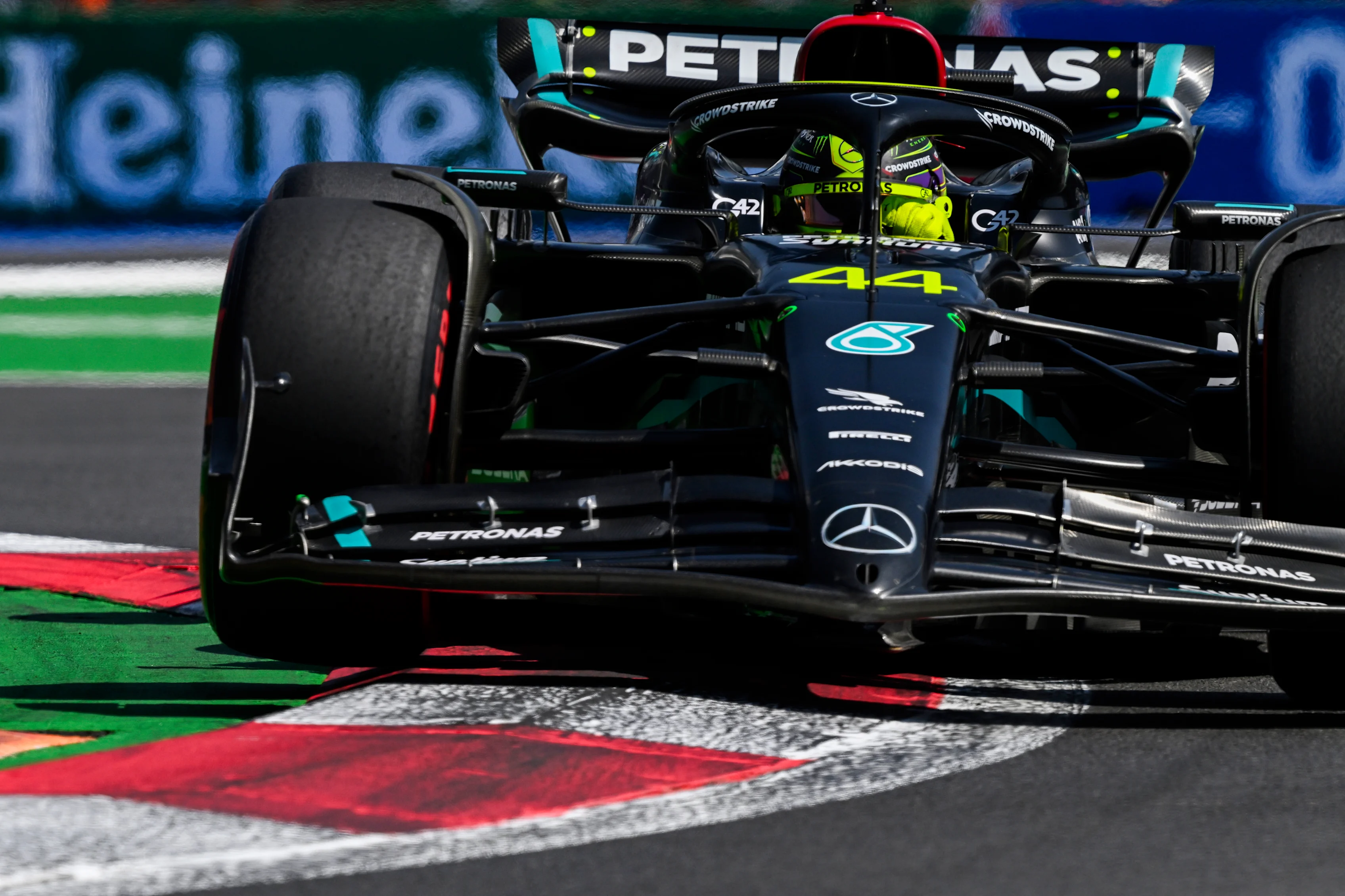 MEXICO CITY, MEXICO - OCTOBER 28: Lewis Hamilton of Great Britain driving the (44) Mercedes AMG