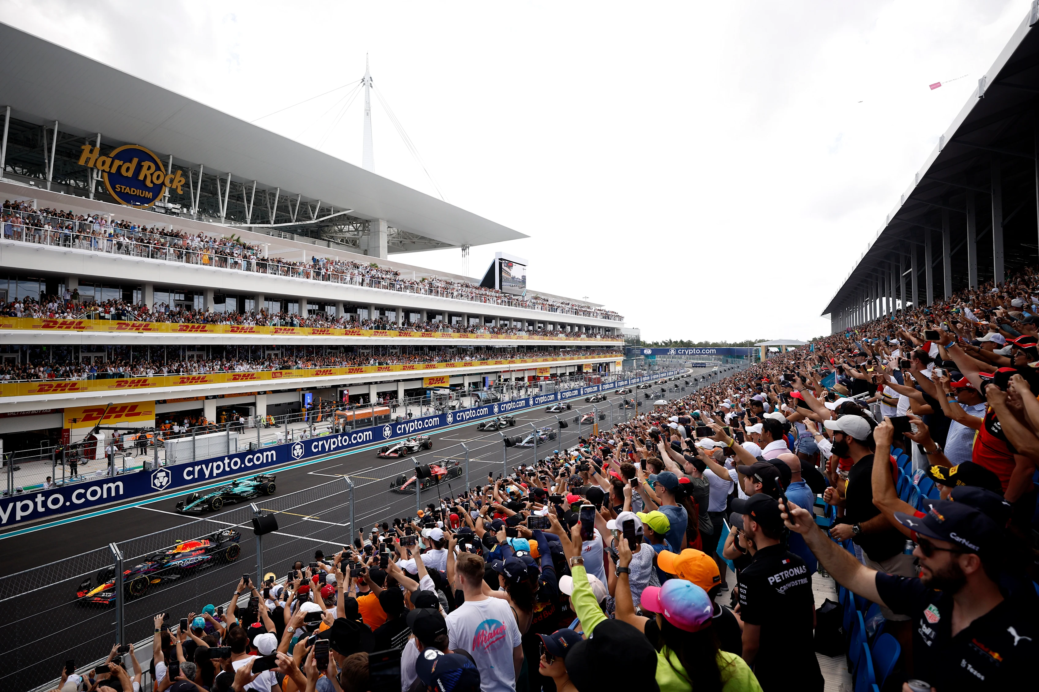 MIAMI, FLORIDA - MAY 07: Sergio Perez of Mexico driving the (11) Oracle Red Bull Racing RB19 leads