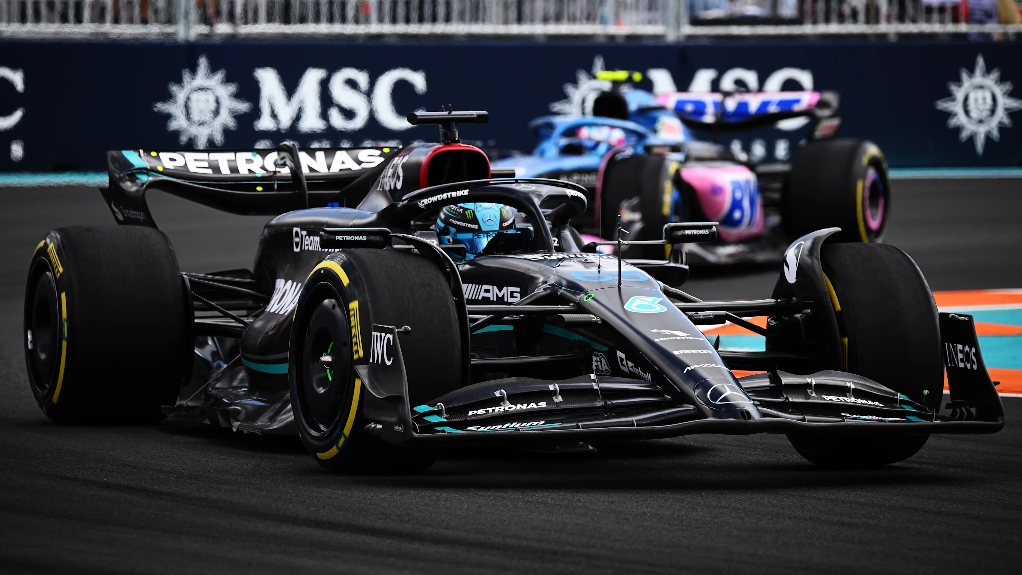 MIAMI, FLORIDA - MAY 07: George Russell of Great Britain driving the (63) Mercedes AMG Petronas F1
