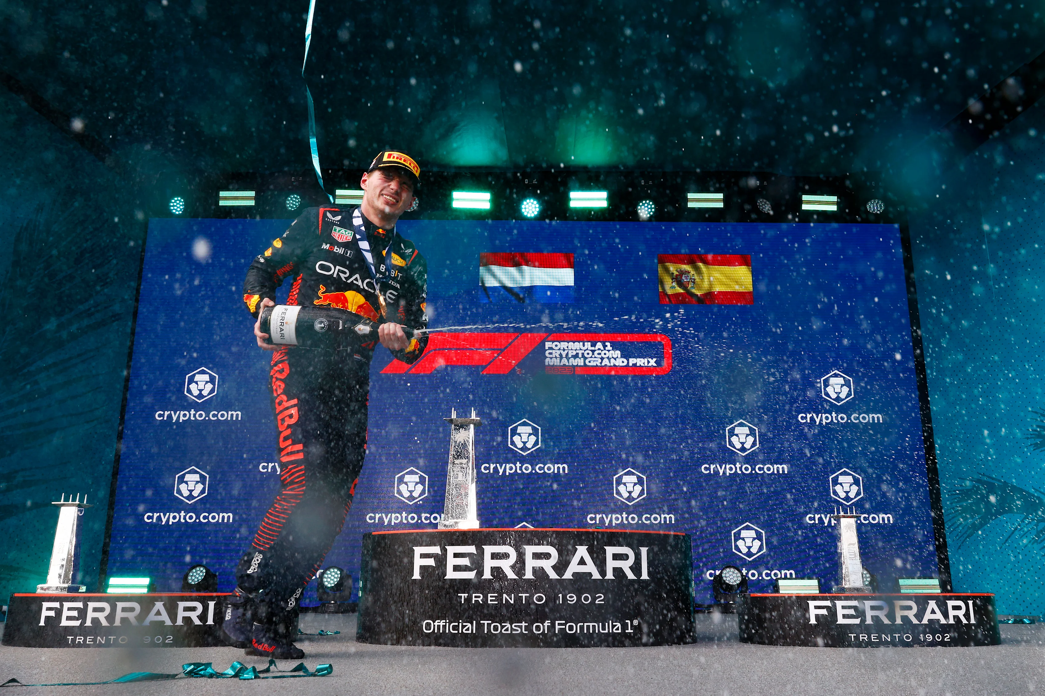 MIAMI, FLORIDA - MAY 07: Race winner Max Verstappen of the Netherlands and Oracle Red Bull Racing