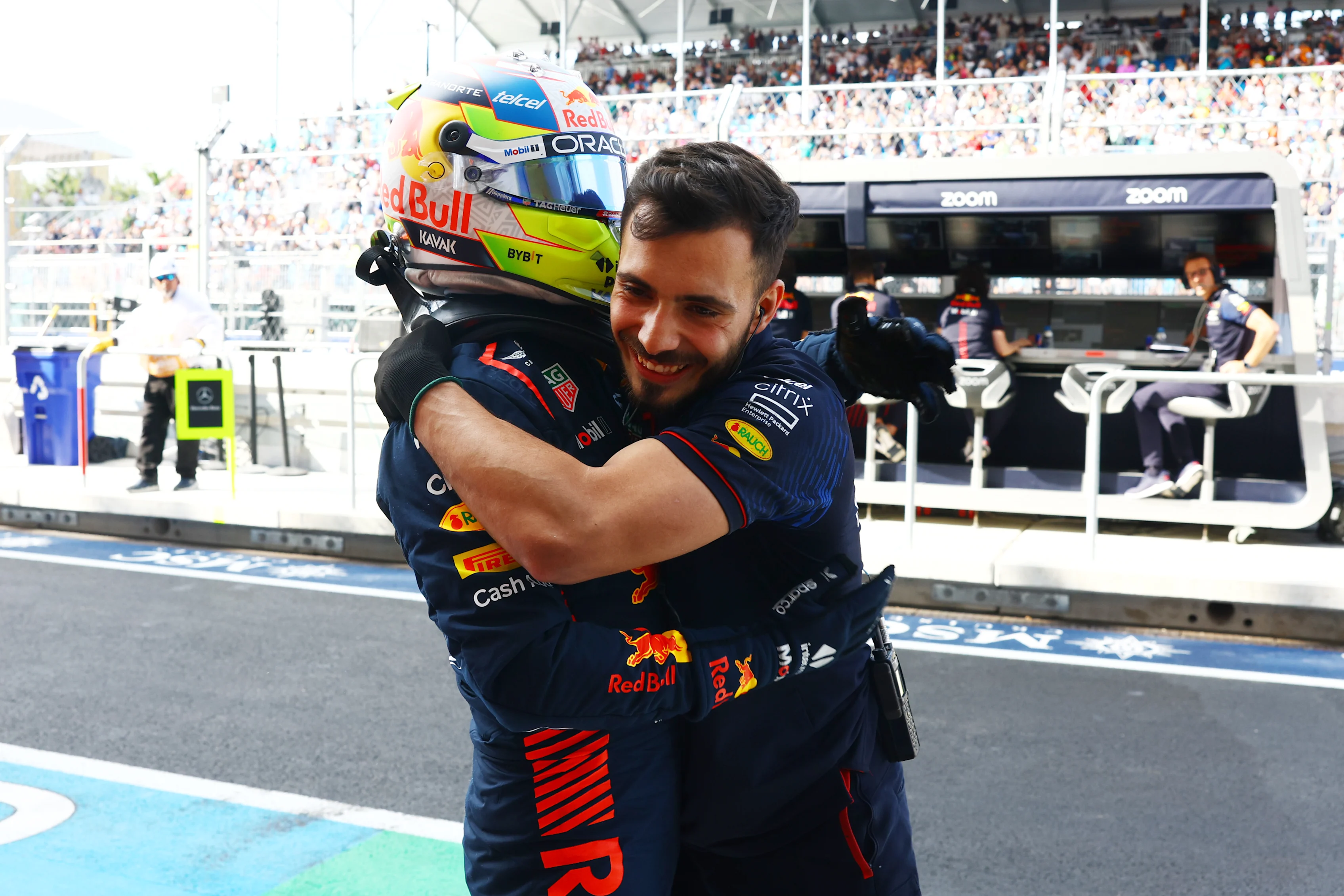 MIAMI, FLORIDA - MAY 06: Pole position qualifier Sergio Perez of Mexico and Oracle Red Bull Racing celebrates in parc ferme during qualifying ahead of the F1 Grand Prix of Miami at Miami International Autodrome on May 06, 2023 in Miami, Florida. (Photo by Mark Thompson/Getty Images)