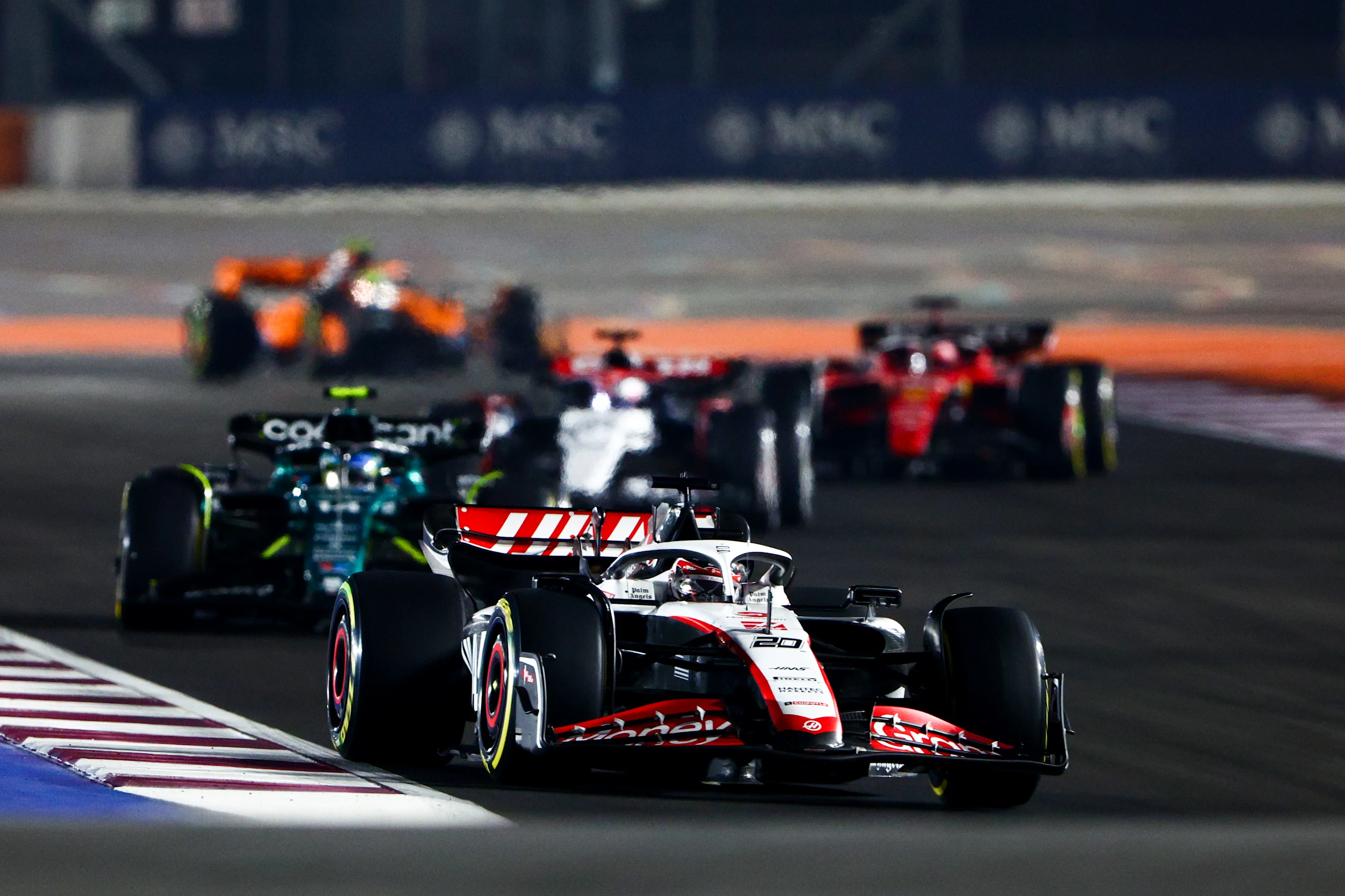 LUSAIL CITY, QATAR - OCTOBER 08: Kevin Magnussen of Denmark driving the (20) Haas F1 VF-23 Ferrari