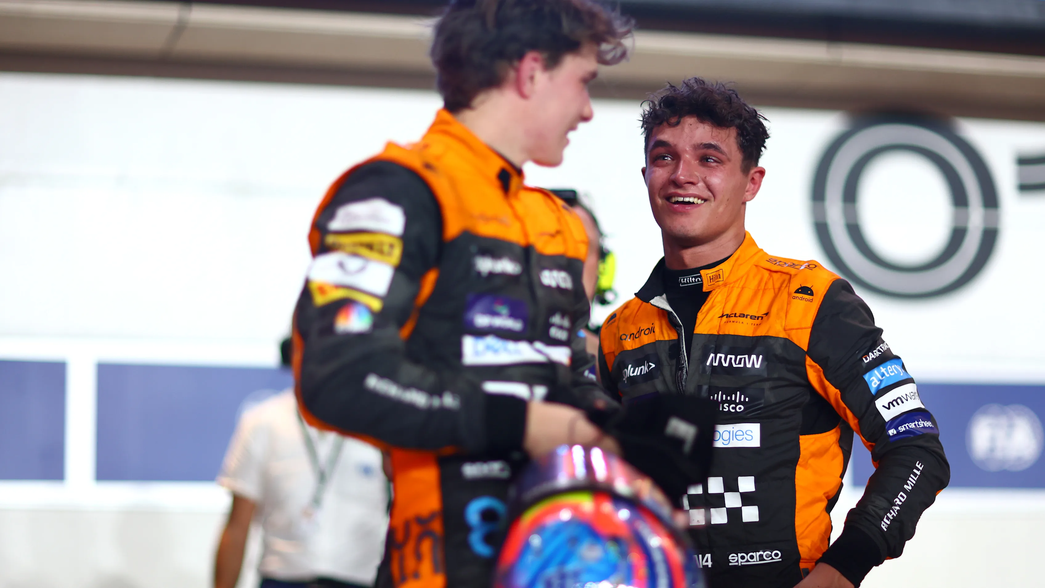 LUSAIL CITY, QATAR - OCTOBER 08: Second placed Oscar Piastri of Australia and McLaren and Third