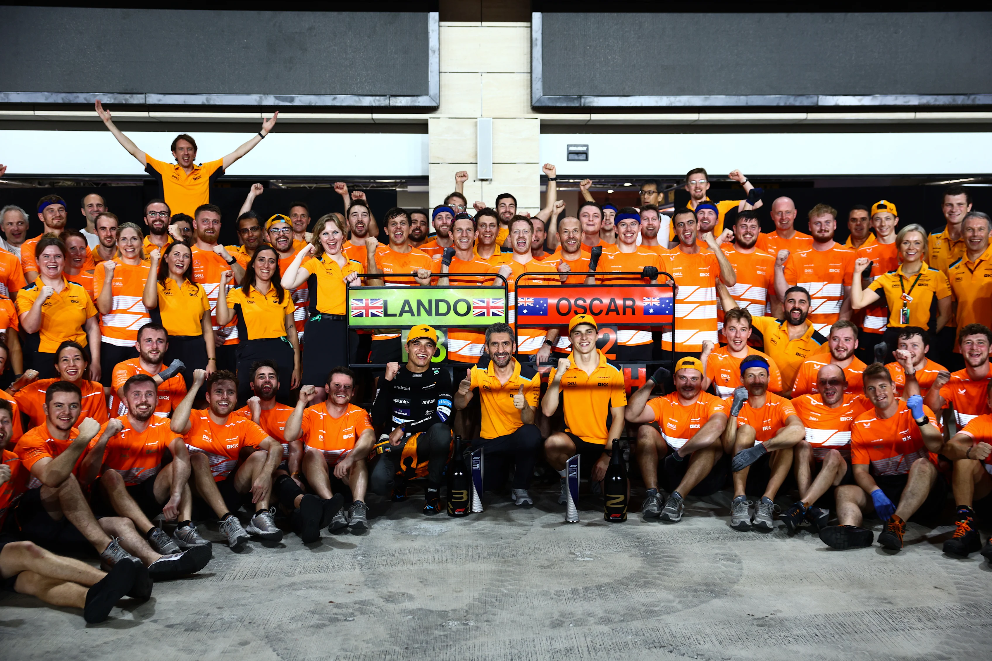 LUSAIL CITY, QATAR - OCTOBER 08: Second placed Oscar Piastri of Australia and McLaren and Third