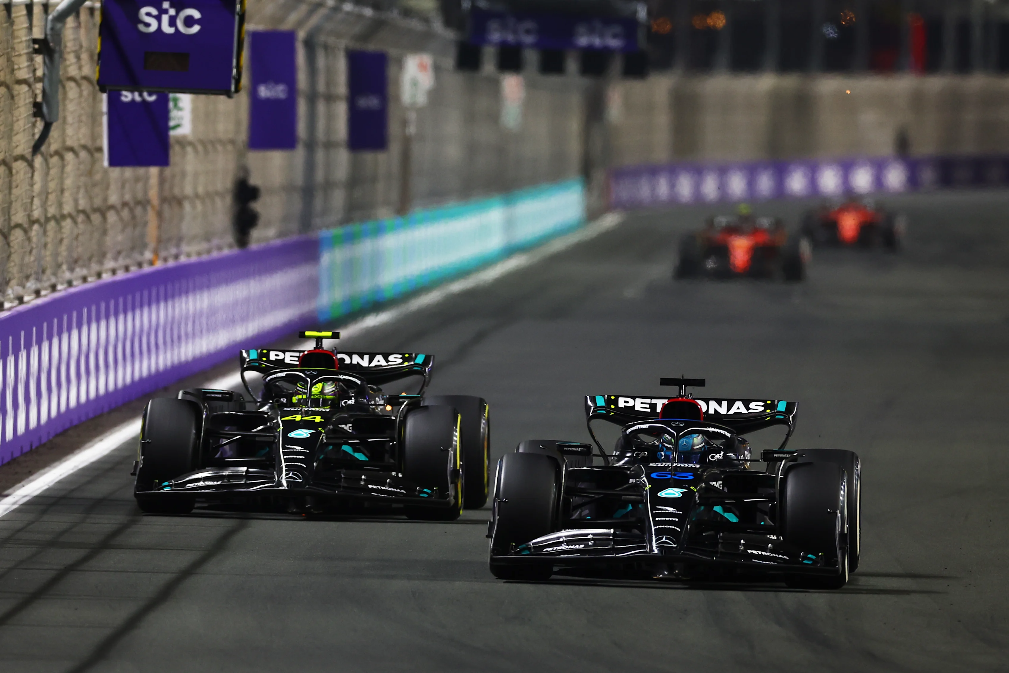 JEDDAH, SAUDI ARABIA - MARCH 19: George Russell of Great Britain driving the (63) Mercedes AMG