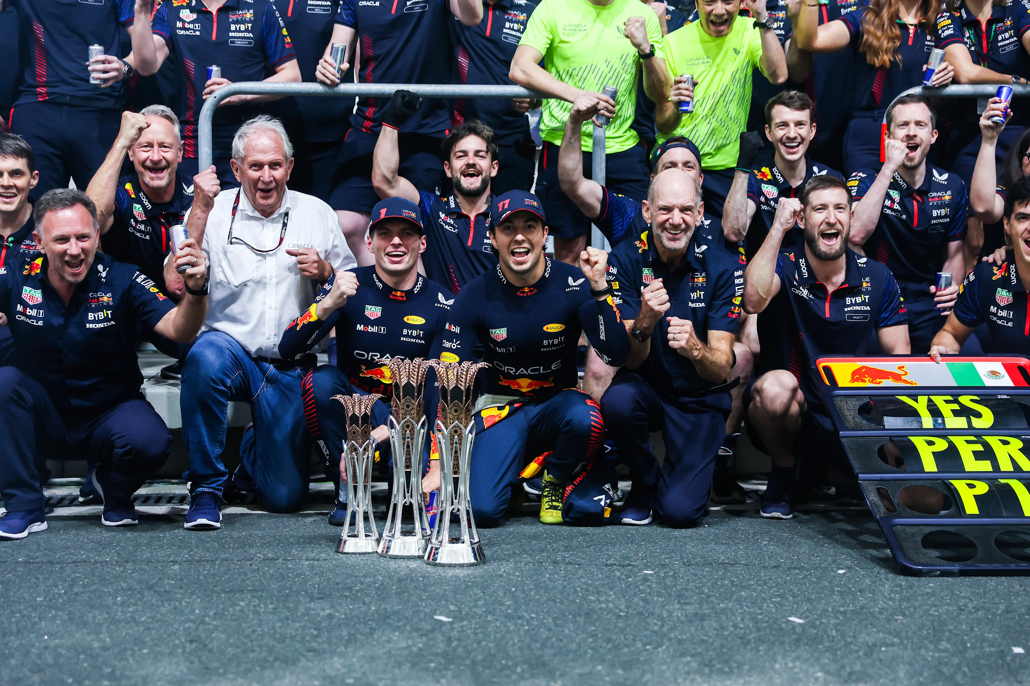 JEDDAH, SAUDI ARABIA - MARCH 19: Race winner Sergio Perez of Mexico and Oracle Red Bull Racing,