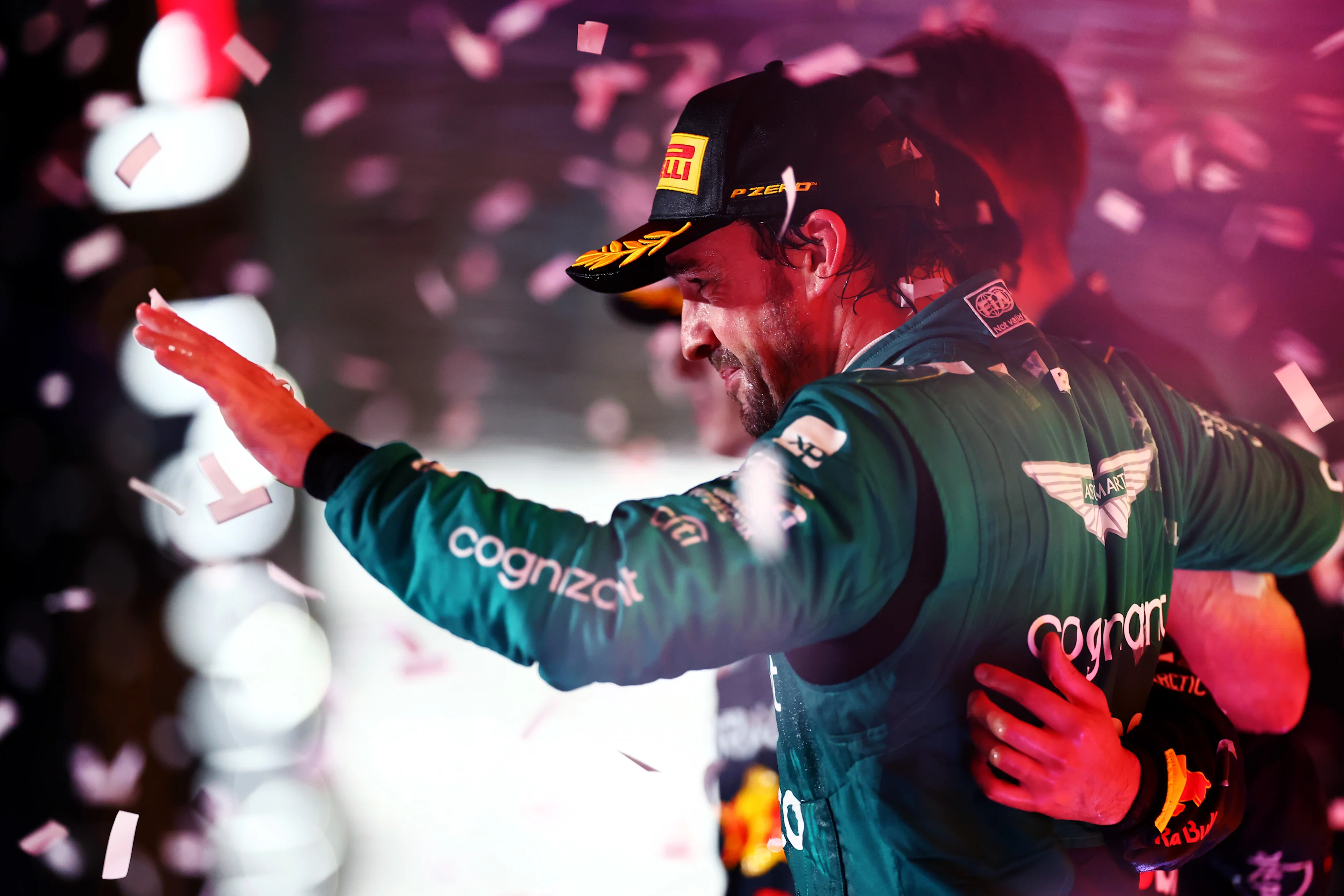 JEDDAH, SAUDI ARABIA - MARCH 19: Third placed Fernando Alonso of Spain and Aston Martin F1 Team