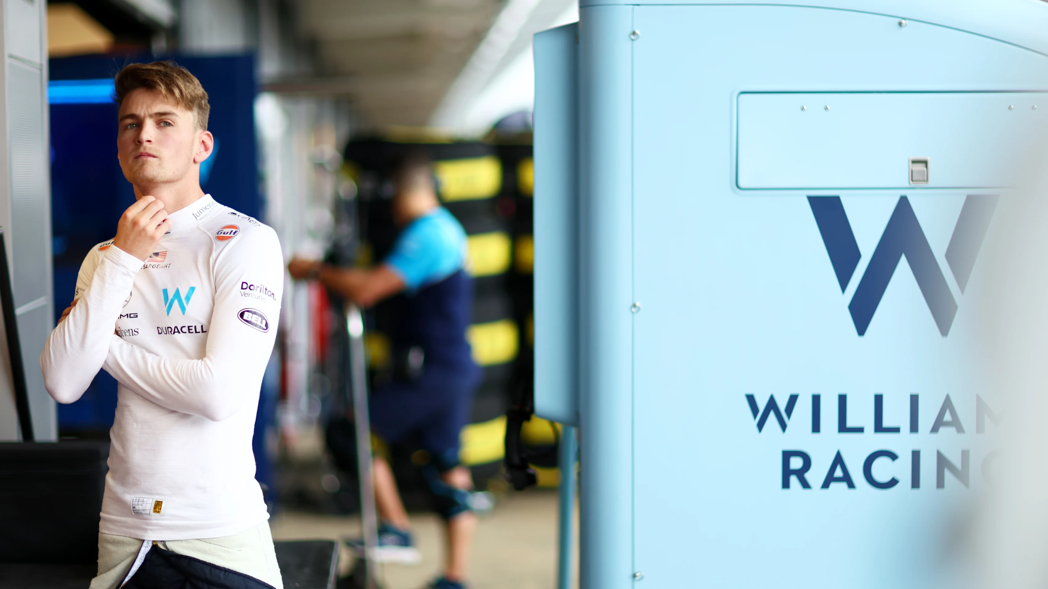 BARCELONA, SPAIN - JUNE 03: Logan Sargeant of United States and Williams looks on from the pit lane