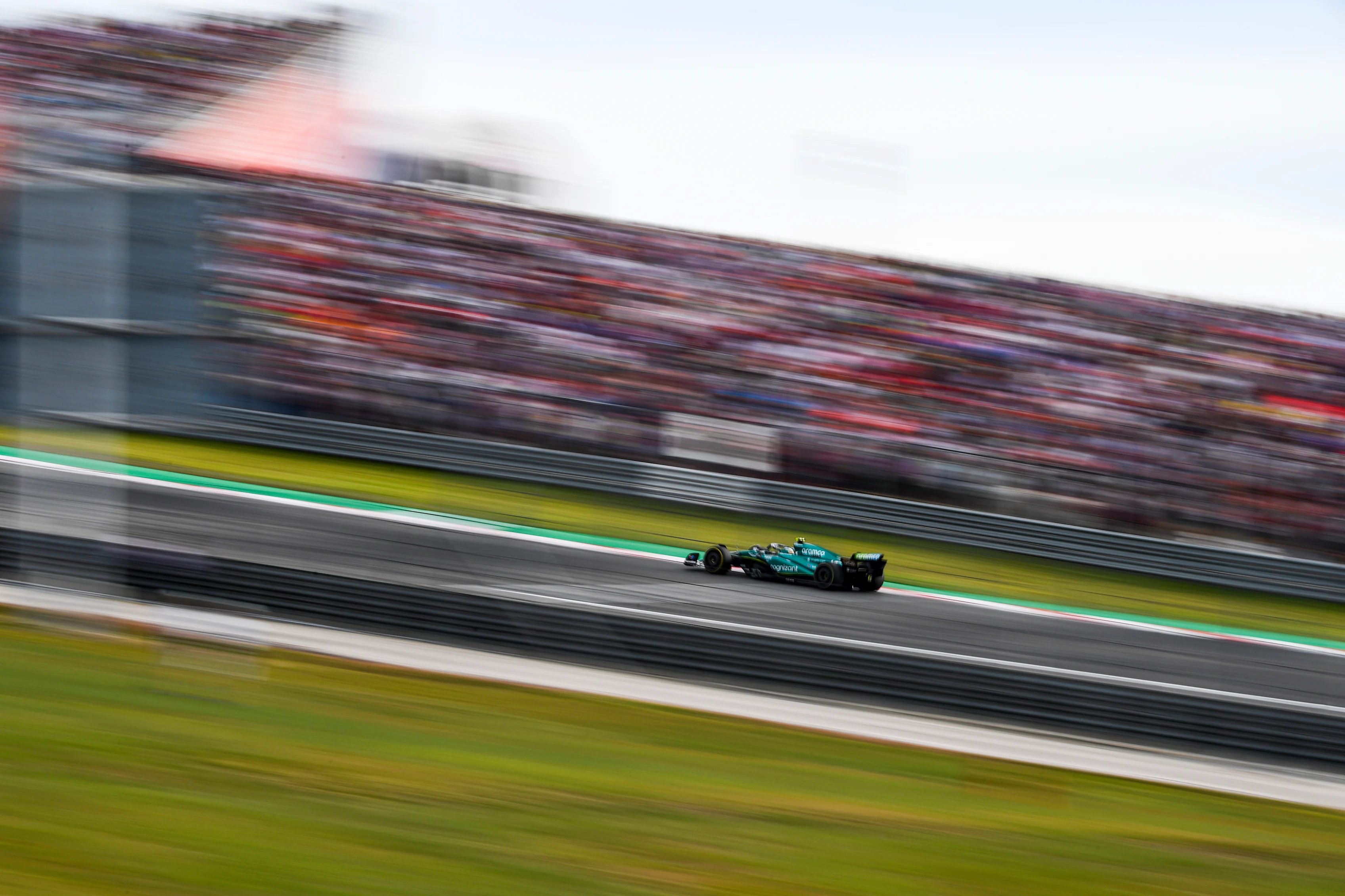 AUSTIN, TEXAS - OCTOBER 21: Fernando Alonso of Spain driving the (14) Aston Martin AMR23 Mercedes on track during the Sprint ahead of the F1 Grand Prix of United States at Circuit of The Americas on October 21, 2023 in Austin, Texas. (Photo by Rudy Carezzevoli/Getty Images)