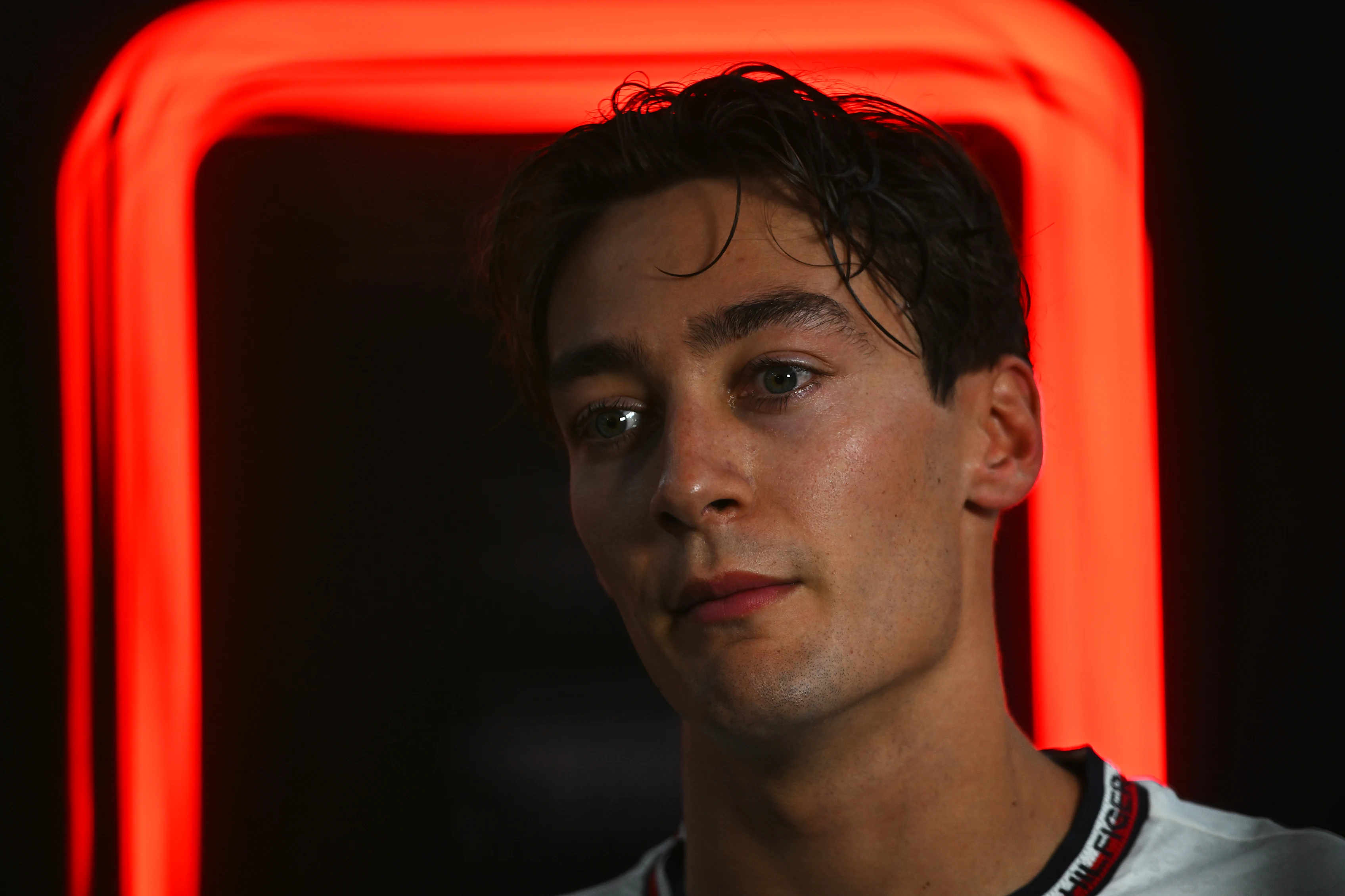 SINGAPORE, SINGAPORE - SEPTEMBER 20: George Russell of Great Britain and Mercedes talks to the media following practice ahead of the F1 Grand Prix of Singapore at Marina Bay Street Circuit. (Photo by Rudy Carezzevoli/Getty Images)