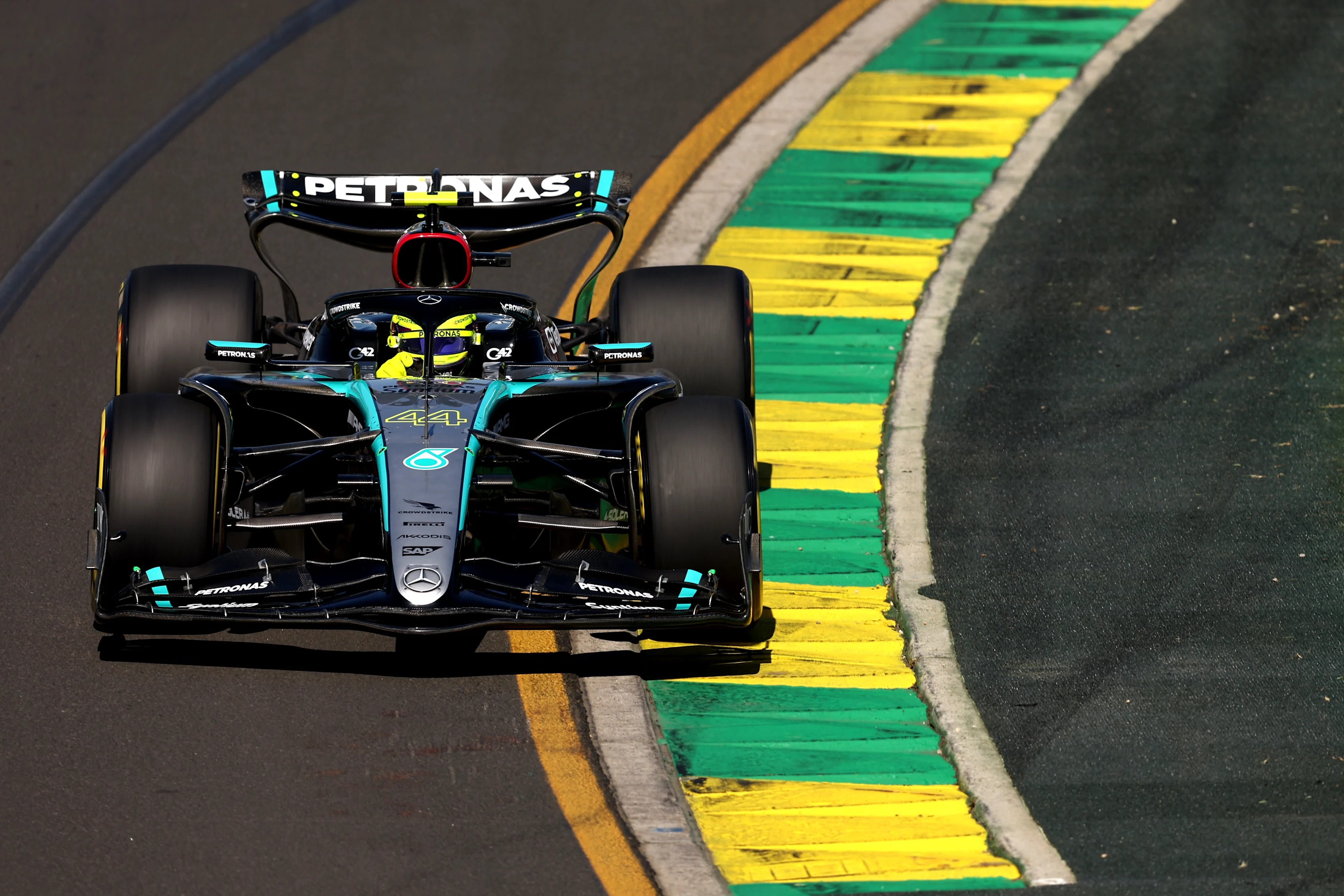 MELBOURNE, AUSTRALIA - MARCH 22: Lewis Hamilton of Great Britain driving the (44) Mercedes AMG