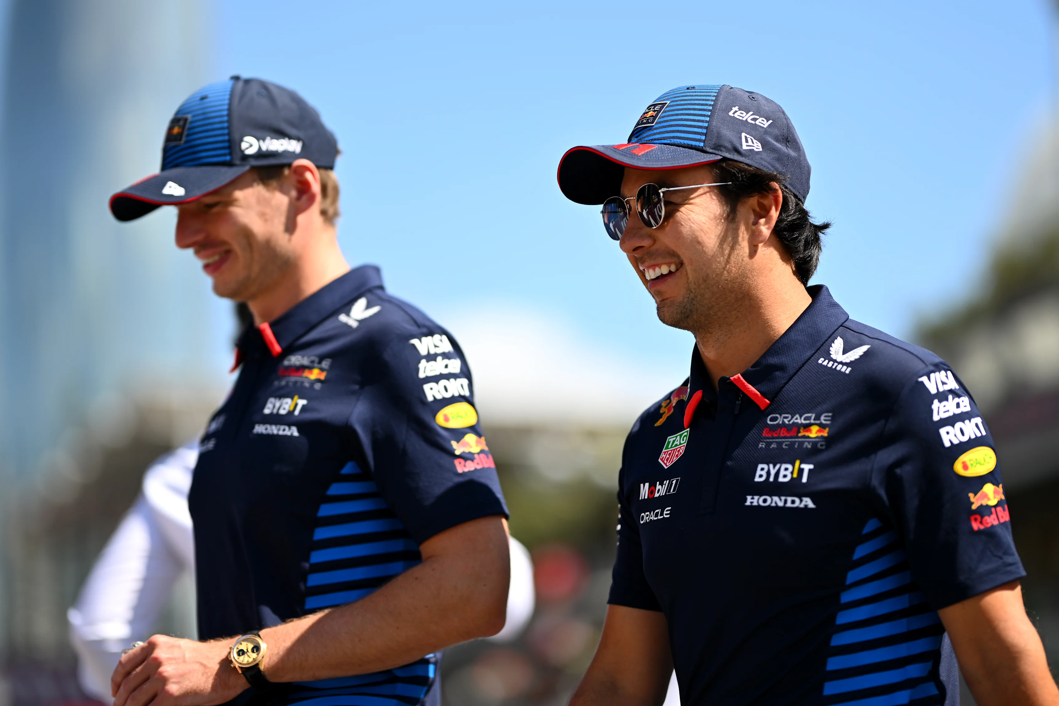BAKU, AZERBAIJAN - SEPTEMBER 15: Max Verstappen of the Netherlands and Oracle Red Bull Racing and Sergio Perez of Mexico and Oracle Red Bull Racing look on from the drivers parade prior to the F1 Grand Prix of Azerbaijan. (Photo by Dan Mullan/Getty Images)