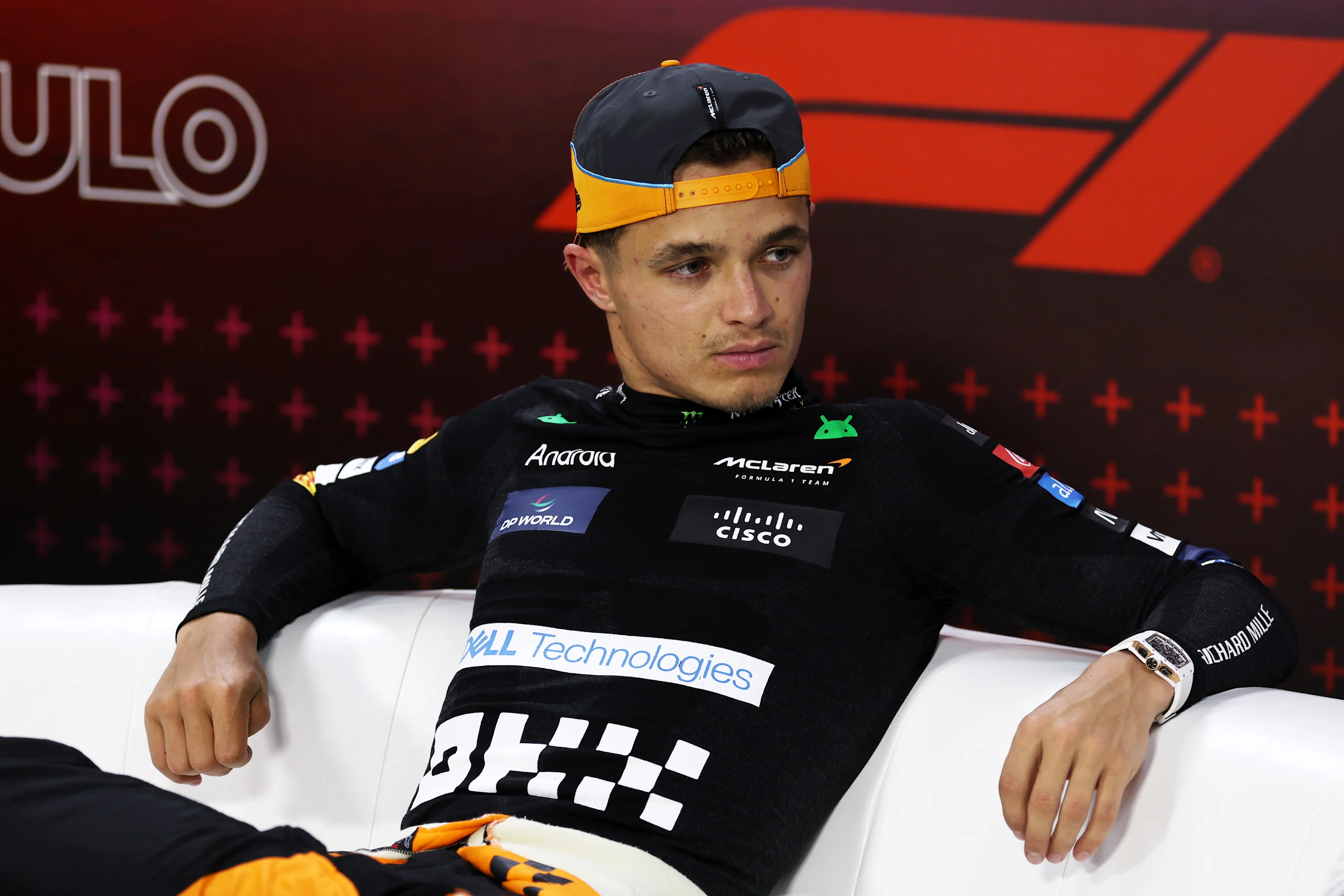SAO PAULO, BRAZIL - NOVEMBER 03: Pole position qualifier Lando Norris of Great Britain and McLaren attends the press conference after qualifying ahead of the F1 Grand Prix of Brazil at Autodromo Jose Carlos Pace on November 03, 2024 in Sao Paulo, Brazil. (Photo by Lars Baron/Getty Images)