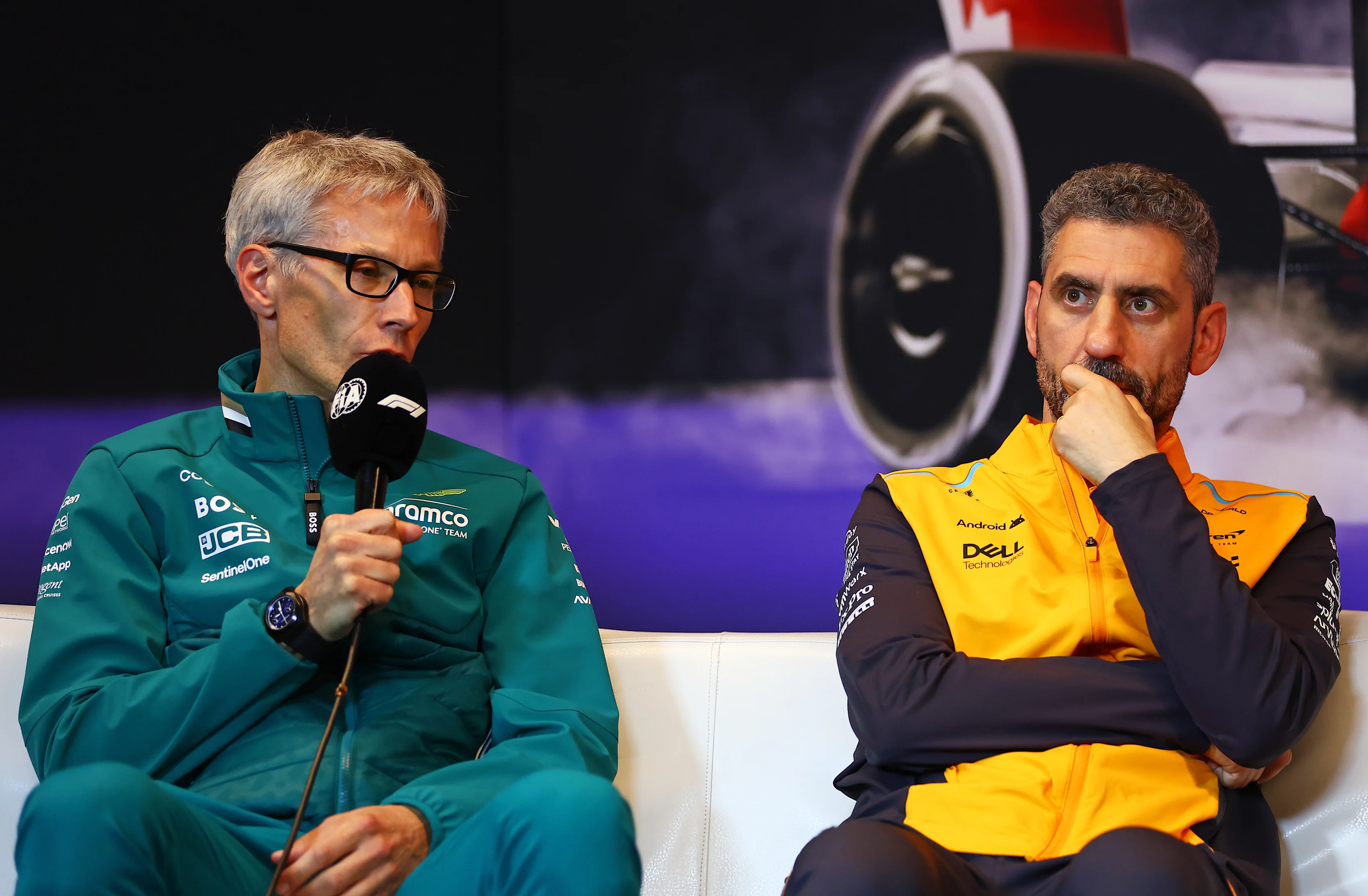 MONTREAL, QUEBEC - JUNE 07: Mike Krack, Team Principal of the Aston Martin F1 Team and McLaren Team Principal Andrea Stella attend the Team Principals Press Conference during practice ahead of the F1 Grand Prix of Canada at Circuit Gilles Villeneuve on June 07, 2024 in Montreal, Quebec. (Photo by Bryn Lennon/Getty Images)