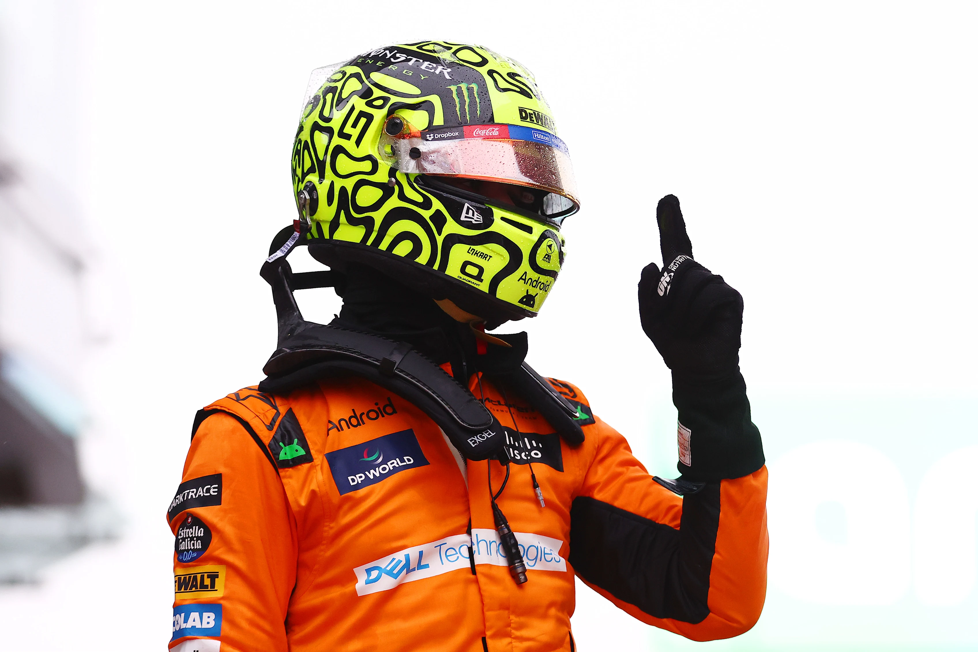 SHANGHAI, CHINA - APRIL 19: Sprint pole qualifier Lando Norris of Great Britain and McLaren celebrates in parc ferme during Sprint Qualifying ahead of the F1 Grand Prix of China at Shanghai International Circuit on April 19, 2024 in Shanghai, China. (Photo by Bryn Lennon - Formula 1/Formula 1 via Getty Images)