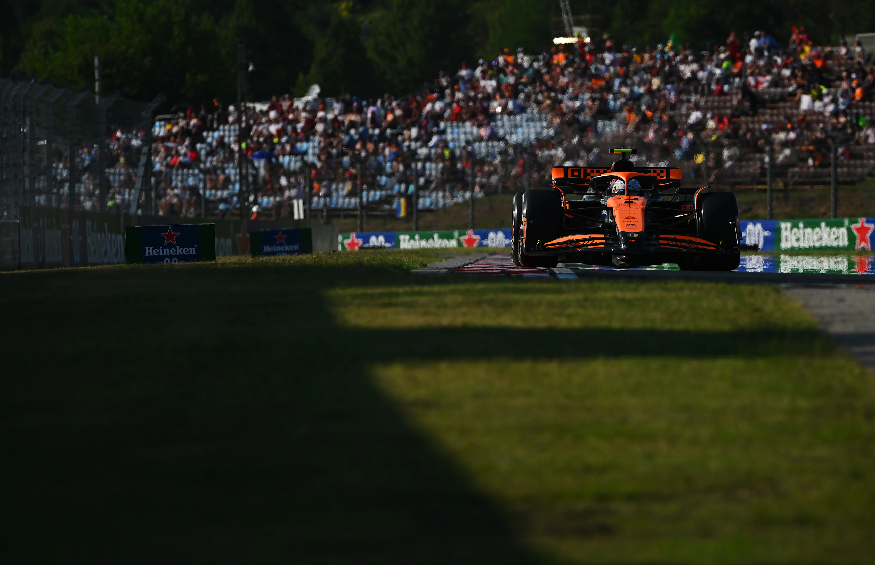 BUDAPEST, HUNGARY - JULY 19: Lando Norris of Great Britain driving the (4) McLaren MCL38 Mercedes on track during practice ahead of the F1 Grand Prix of Hungary at Hungaroring on July 19, 2024 in Budapest, Hungary. (Photo by Rudy Carezzevoli/Getty Images)