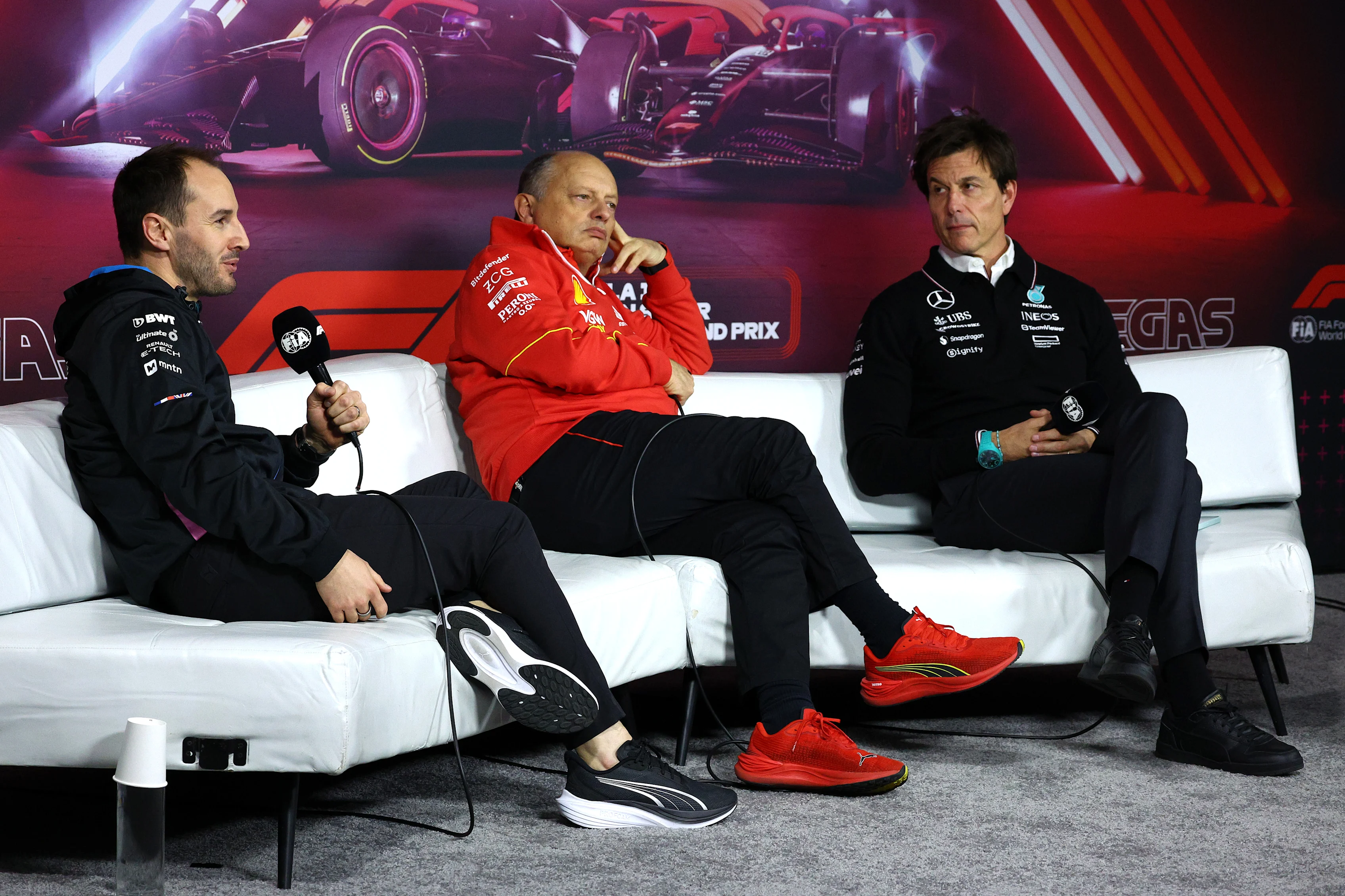LAS VEGAS, NEVADA - NOVEMBER 21: Oliver Oakes, Team Principal of Alpine F1, Ferrari Team Principal Frederic Vasseur and Mercedes GP Executive Director Toto Wolff attend the Team Principals Press Conference during practice ahead of the F1 Grand Prix of Las Vegas at Las Vegas Strip Circuit on November 21, 2024 in Las Vegas, Nevada. (Photo by Clive Rose/Getty Images)