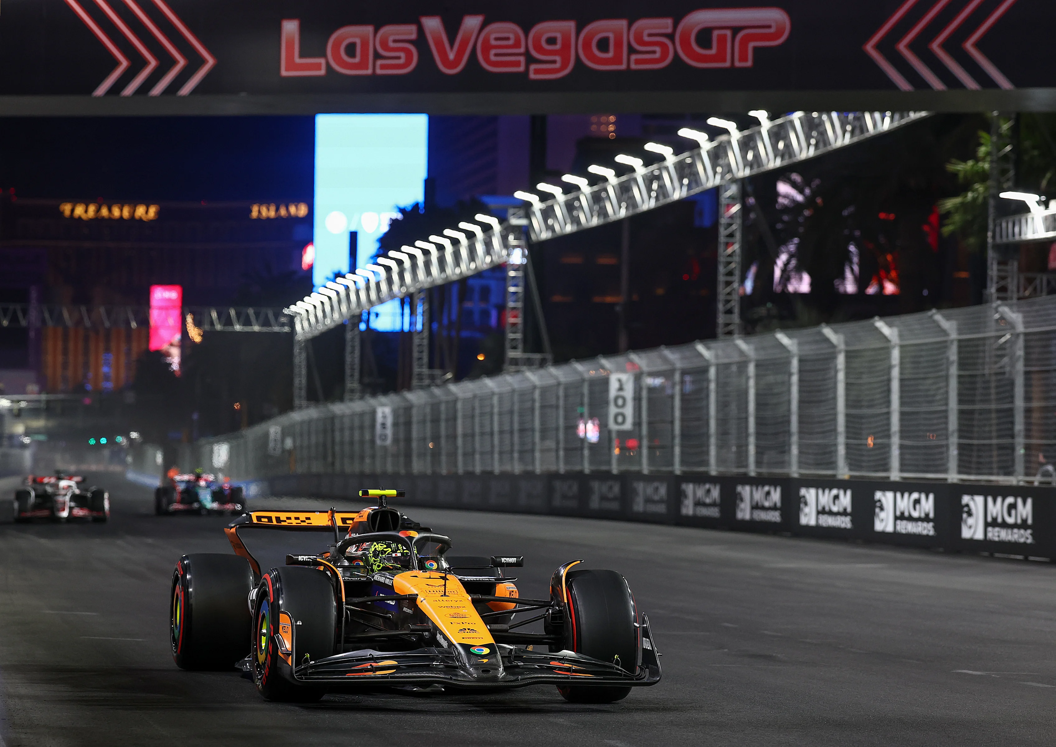 Lando Norris driving the (4) McLaren MCL38 Mercedes on track during qualifying ahead of the F1 Grand Prix of Las Vegas at Las Vegas Strip Circuit on November 22, 2024 in Las Vegas, Nevada. (Photo by Jared C. Tilton - Formula 1/Formula 1 via Getty Images)