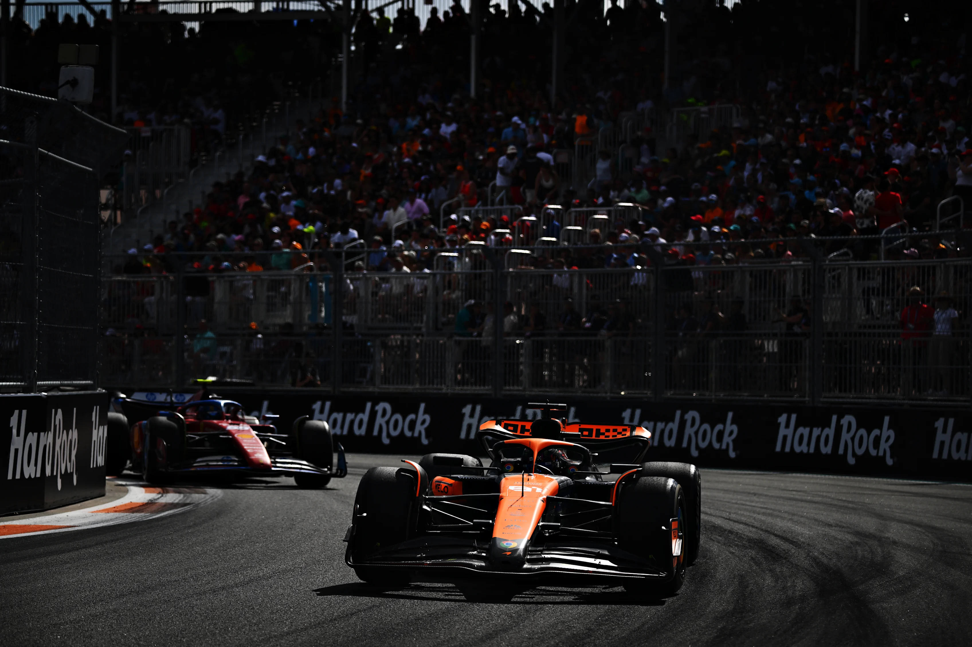 MIAMI, FLORIDA - MAY 05: Oscar Piastri of Australia driving the (81) McLaren MCL38 Mercedes leads