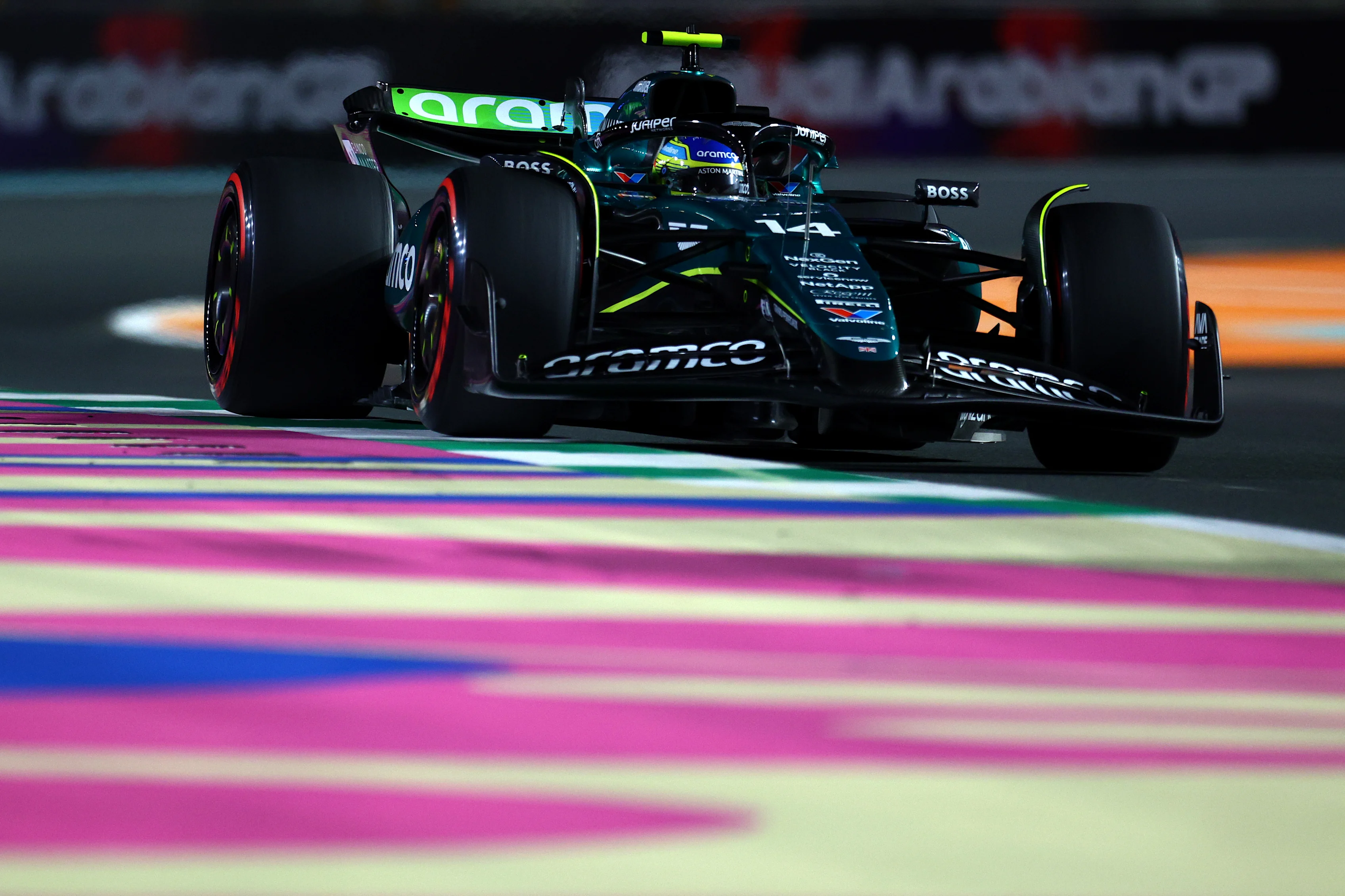 JEDDAH, SAUDI ARABIA - MARCH 07: Fernando Alonso of Spain driving the (14) Aston Martin AMR24 Mercedes on track during practice ahead of the F1 Grand Prix of Saudi Arabia at Jeddah Corniche Circuit on March 07, 2024 in Jeddah, Saudi Arabia. (Photo by Clive Rose/Getty Images)