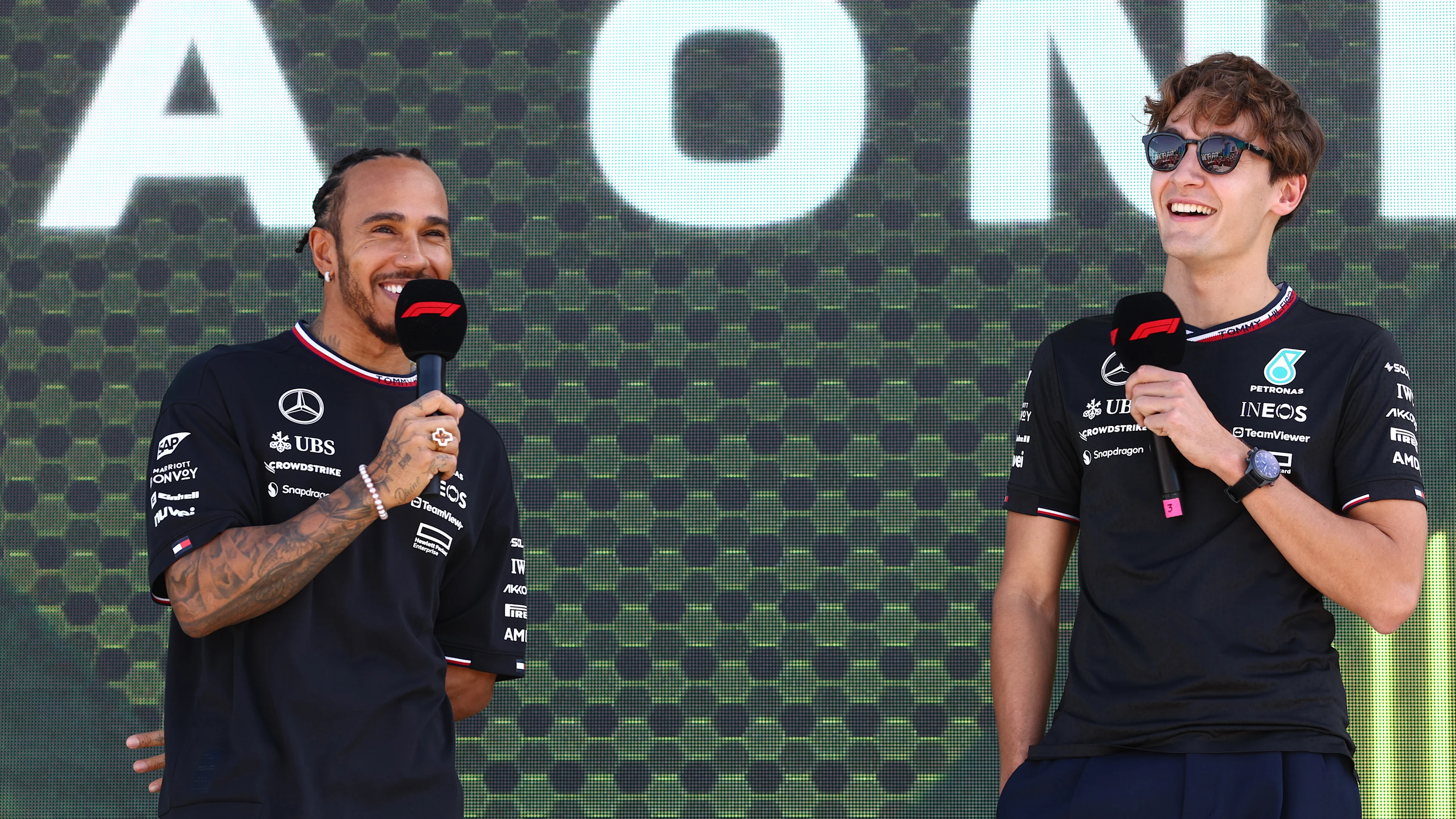 JEDDAH, SAUDI ARABIA - MARCH 08: Lewis Hamilton of Great Britain and Mercedes and George Russell of