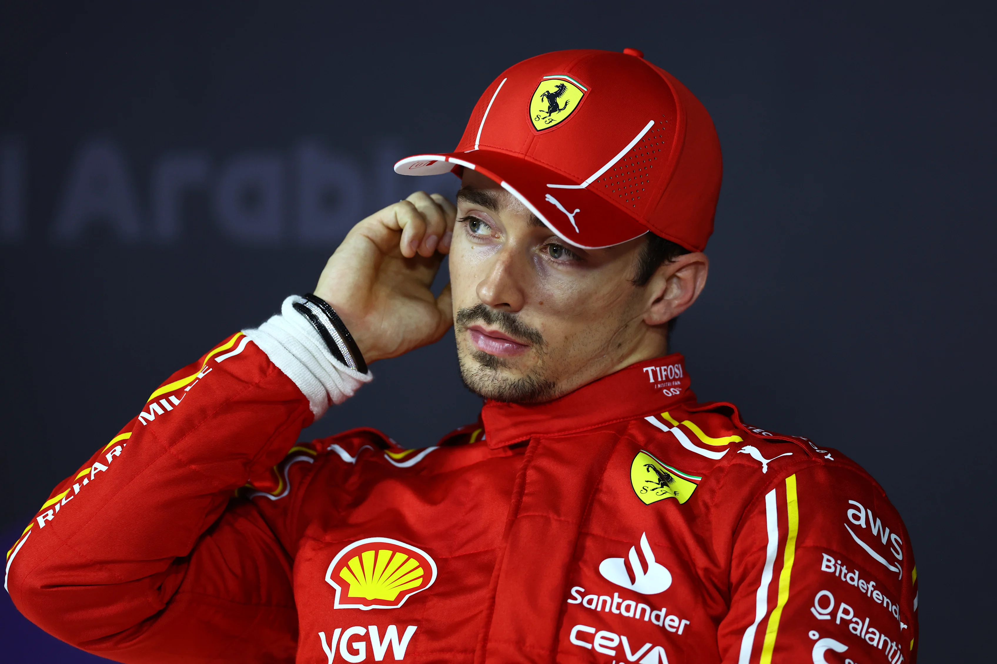 JEDDAH, SAUDI ARABIA - MARCH 08: Second placed qualifier Charles Leclerc of Monaco and Ferrari talks in a press conference following qualifying ahead of the F1 Grand Prix of Saudi Arabia at Jeddah Corniche Circuit on March 08, 2024 in Jeddah, Saudi Arabia. (Photo by Bryn Lennon/Getty Images)