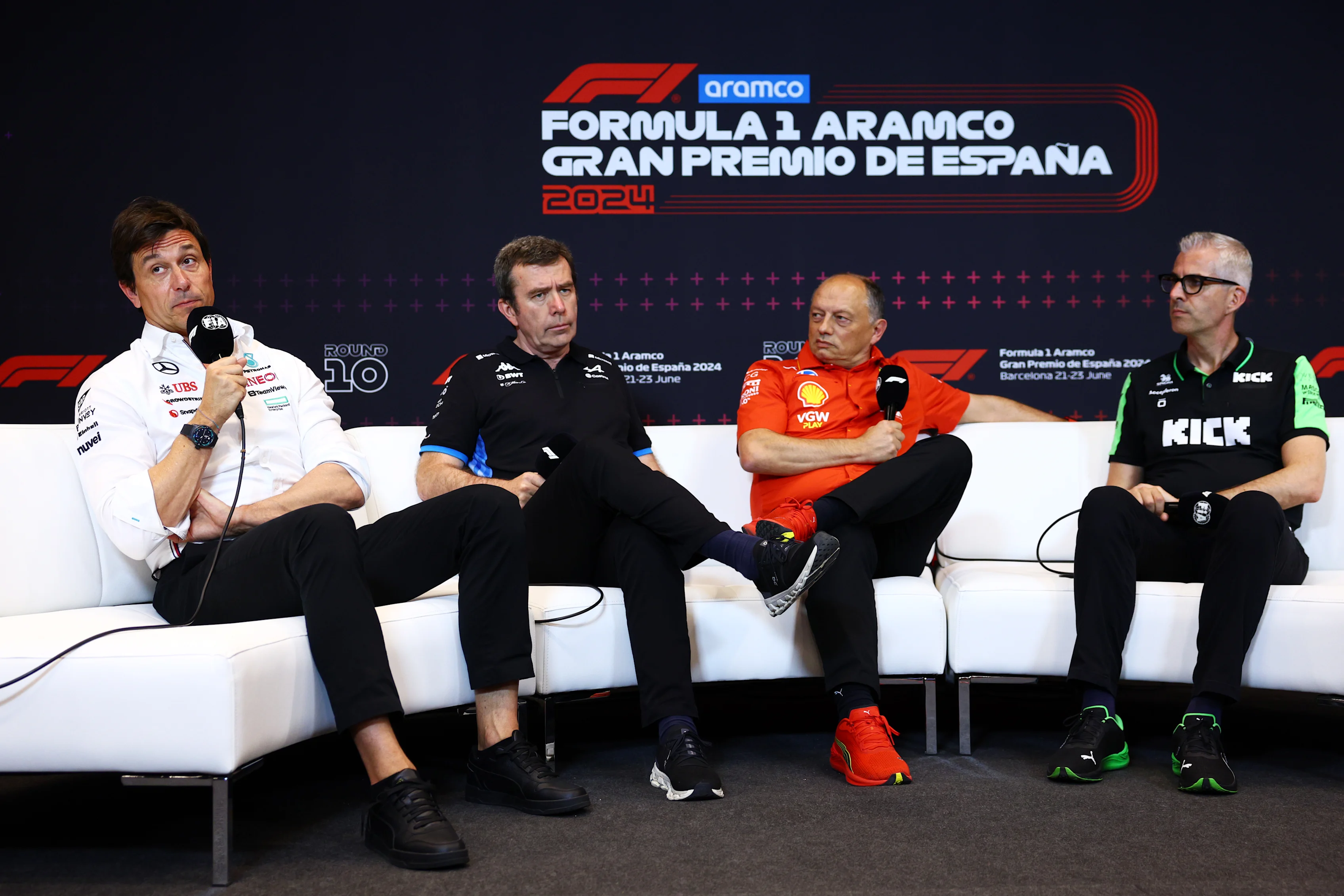 BARCELONA, SPAIN - JUNE 21: Mercedes GP Executive Director Toto Wolff, Bruno Famin, Team Principal of Alpine F1, Ferrari Team Principal Frederic Vasseur and Alessandro Alunni Bravi, Team Representative of Stake F1 Team Kick Sauber look on in the Team Principals Press Conference during practice ahead of the F1 Grand Prix of Spain at Circuit de Barcelona-Catalunya on June 21, 2024 in Barcelona, Spain. (Photo by Clive Rose/Getty Images)